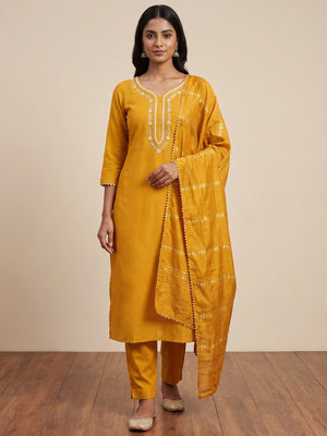 Mustard Hand Embroidered Cotton Blend Dress Material - Image 1