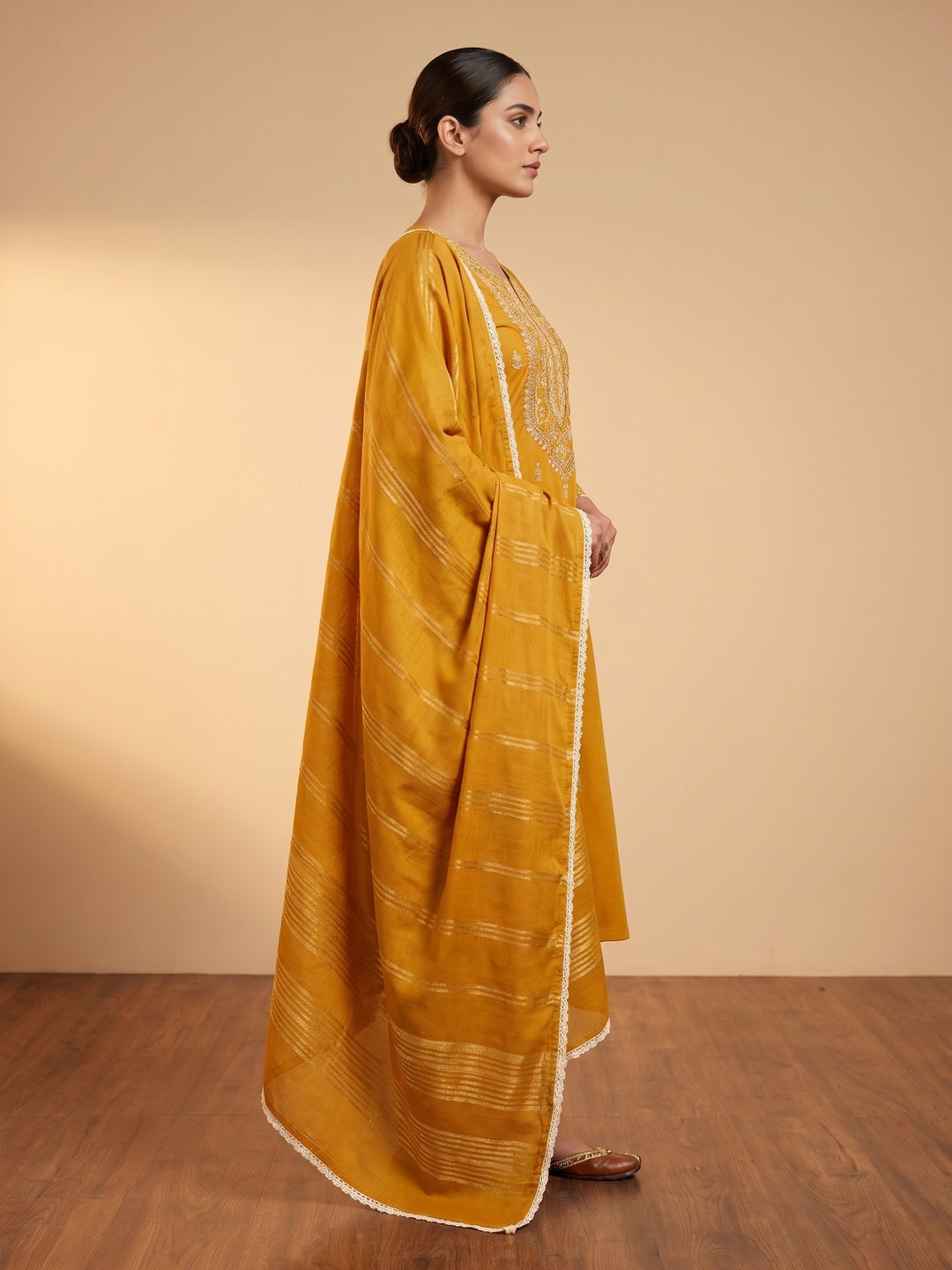 Mustard Hand Embroidered Cotton Blend Dress Material - Image 3