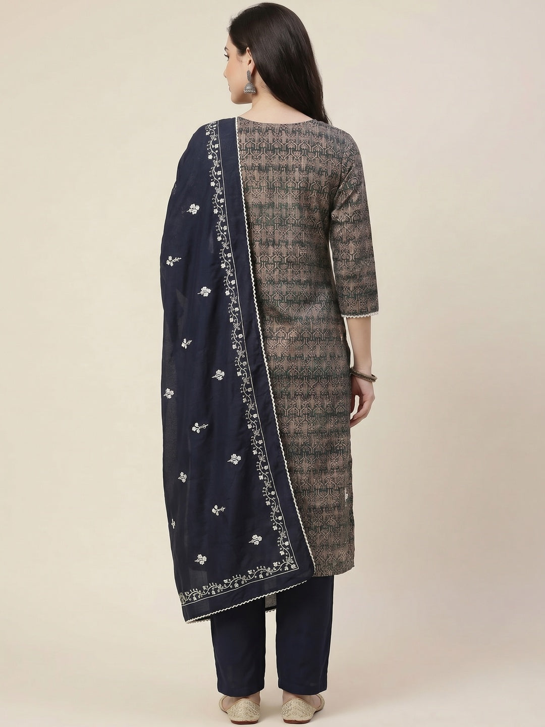 Navy Blue Floral Embroidered With Printed Pure Cotton Dress Material - Image 3