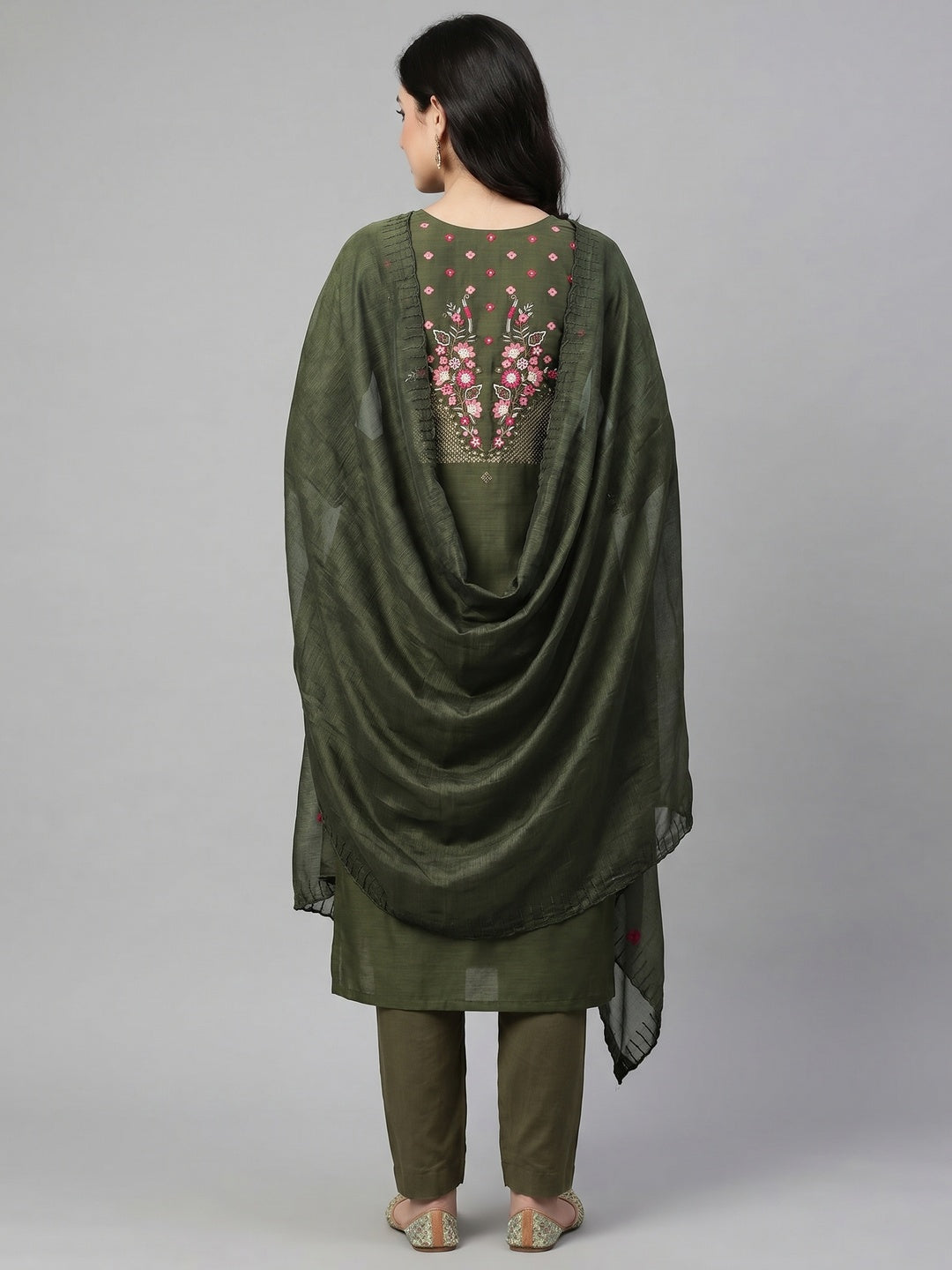 Green Floral Embroidered Cotton Blend Dress Material - Image 2