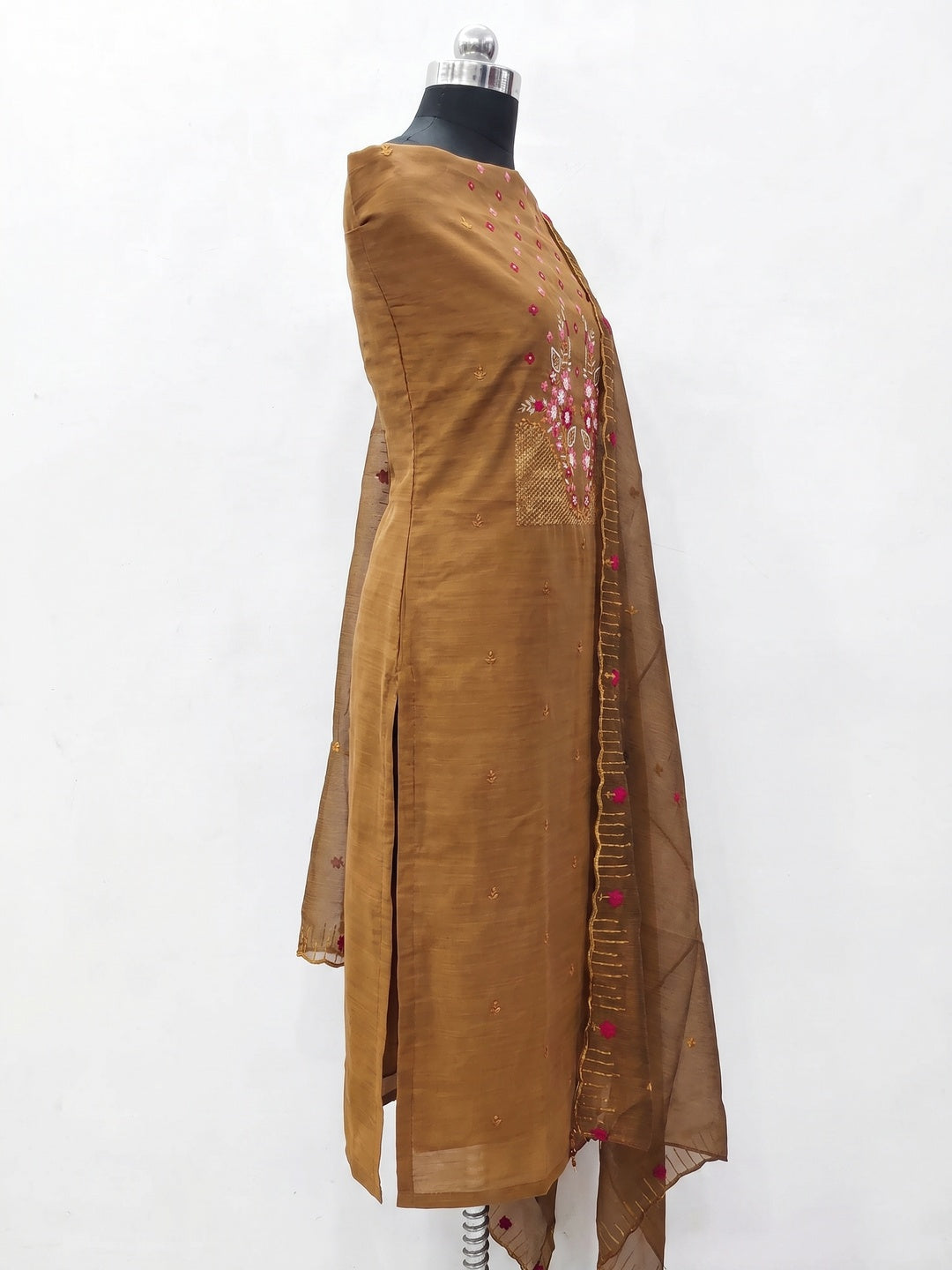 Yellow Ocre Floral Embroidered Cotton Blend Dress Material - Image 3