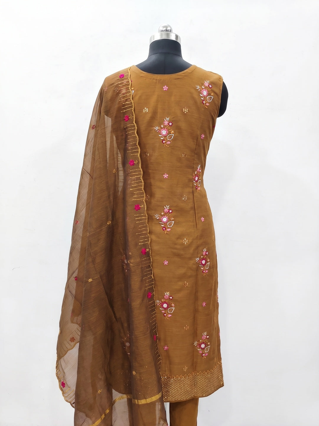 Yellow Ocre Floral Embroidered Cotton Blend Dress Material - Image 2
