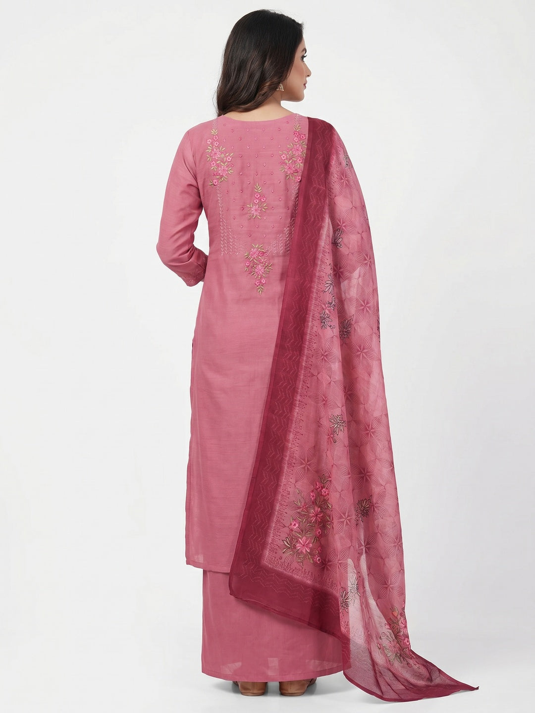 Pink Floral Embroidered Cotton Blend Dress Material - Image 2