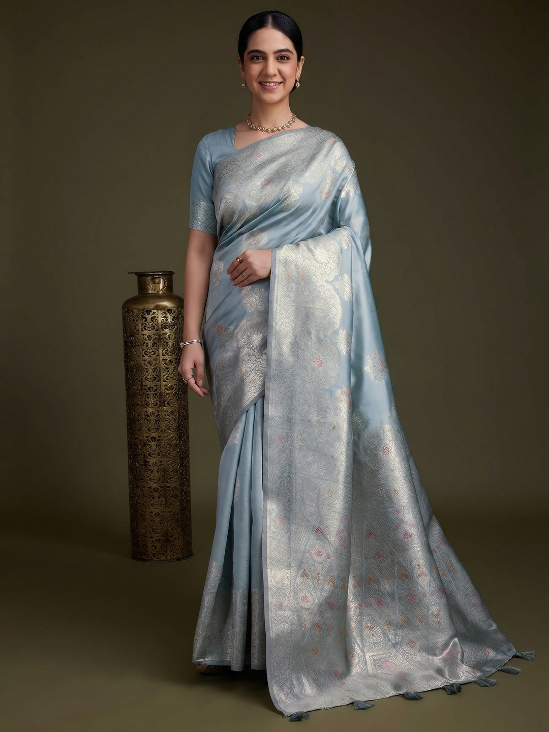 Bluish Grey Floral Design Woven Banarasi Silk Saree - Image 1