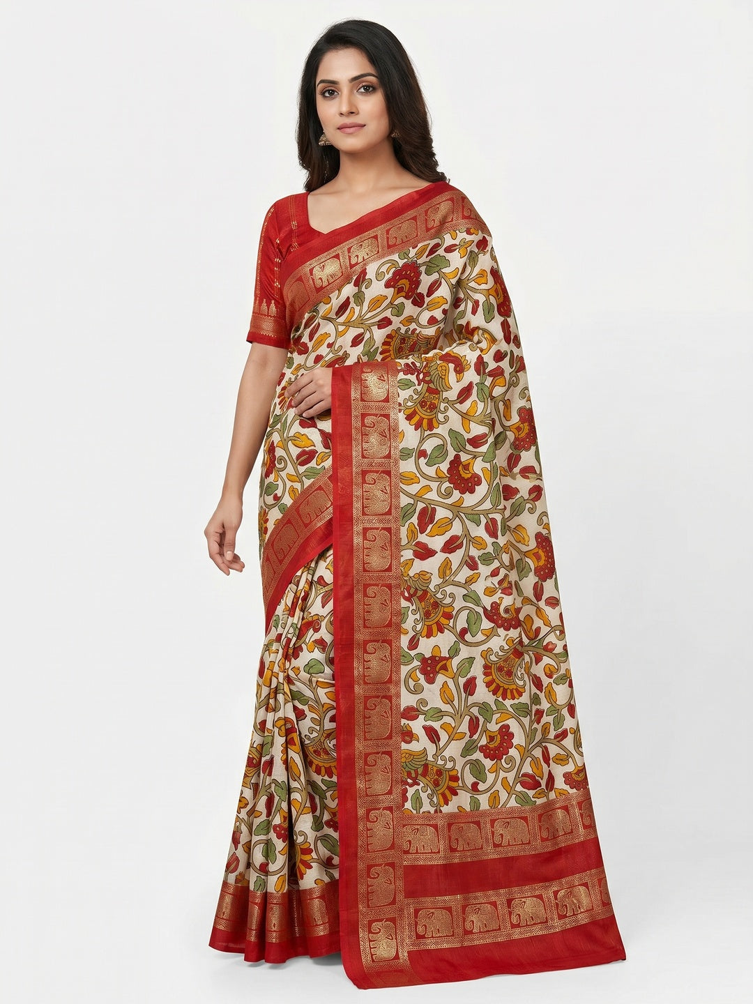 Red Kalamkari Printed Dola Silk Saree - Image 1