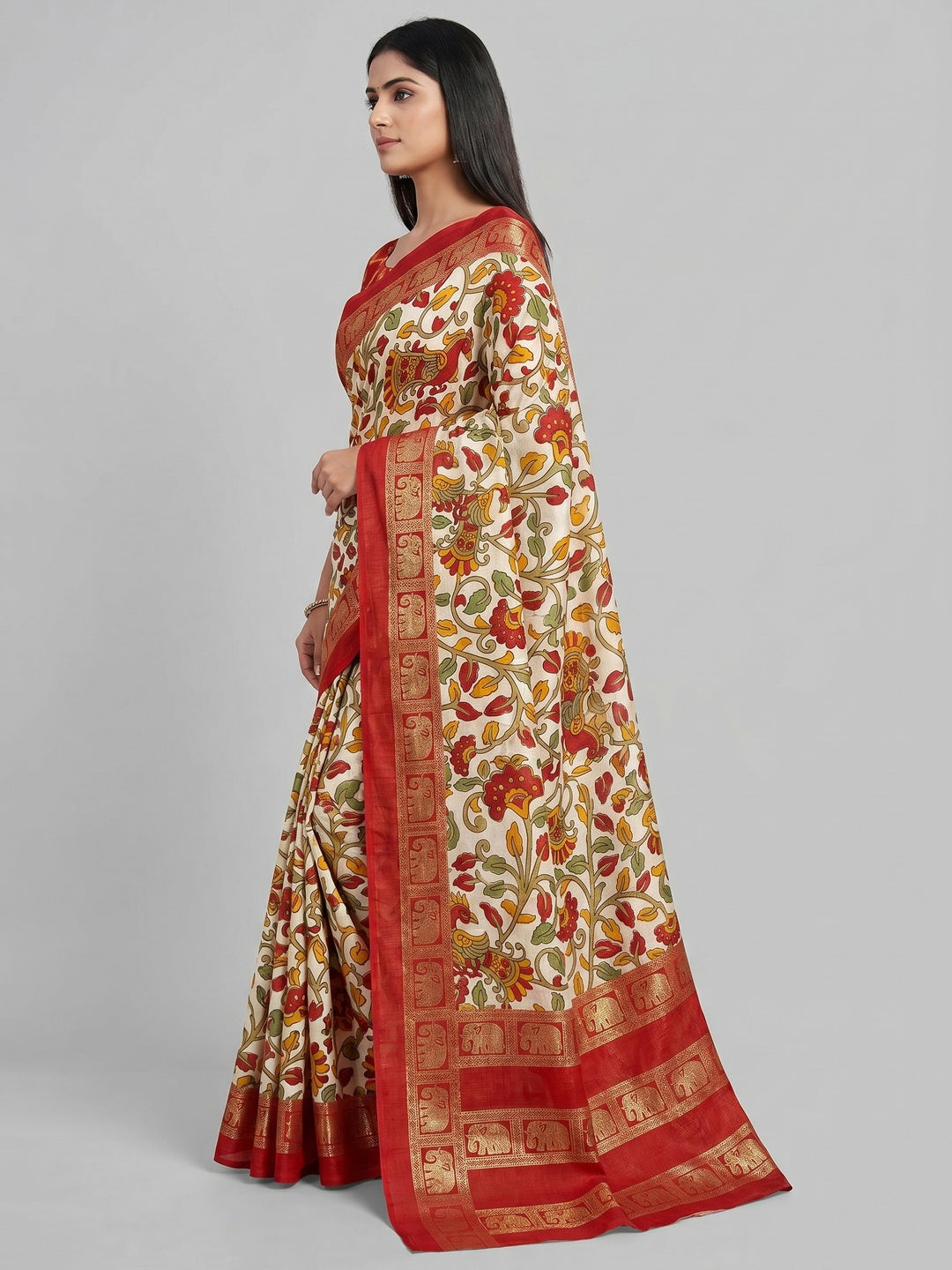 Red Kalamkari Printed Dola Silk Saree - Image 2