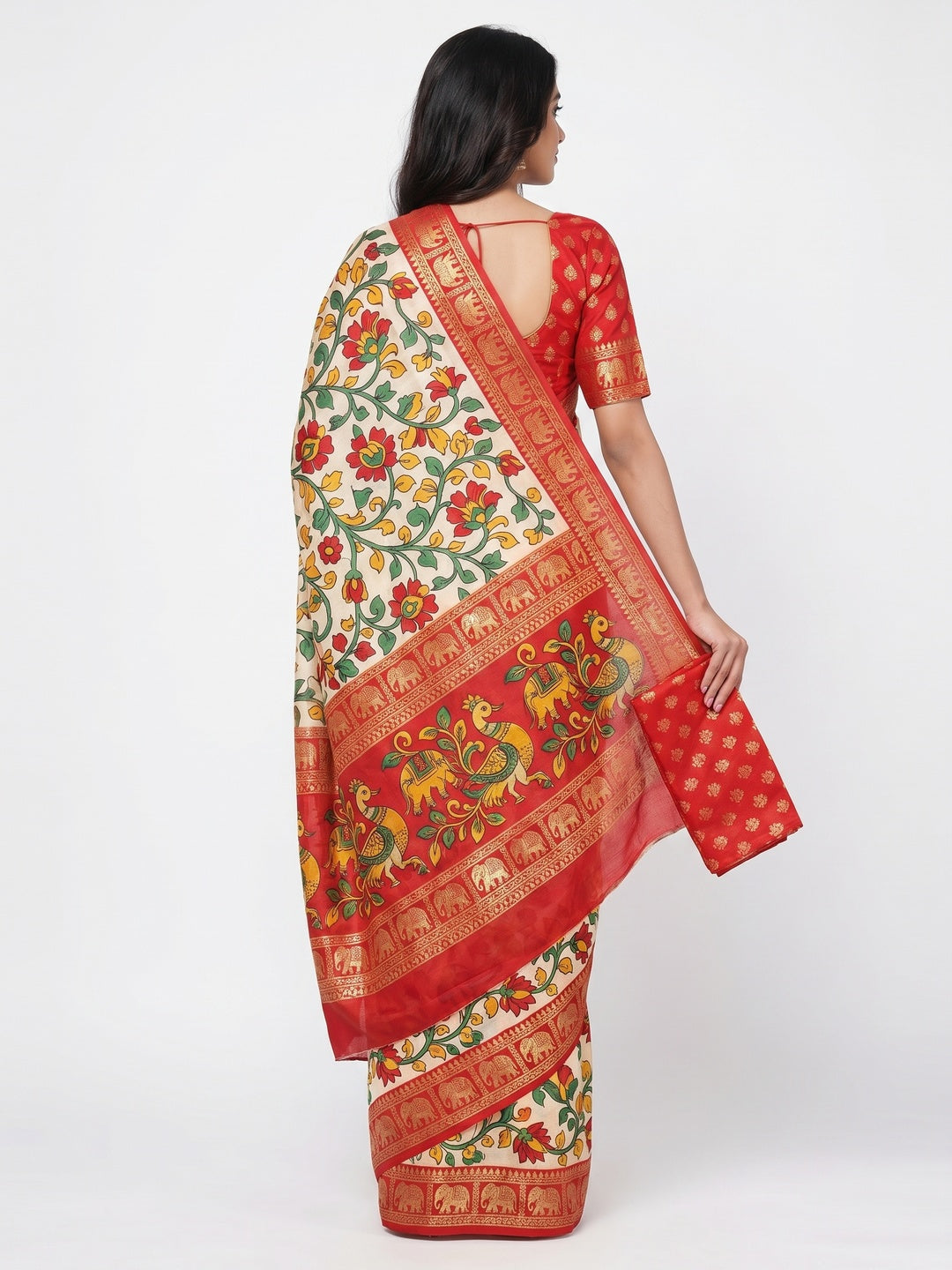 Red Kalamkari Printed Dola Silk Saree - Image 3
