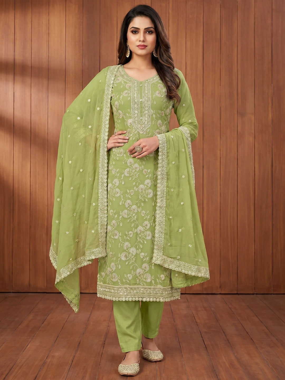 Green Floral Embroidered Chiffon Dress Material - Image 1