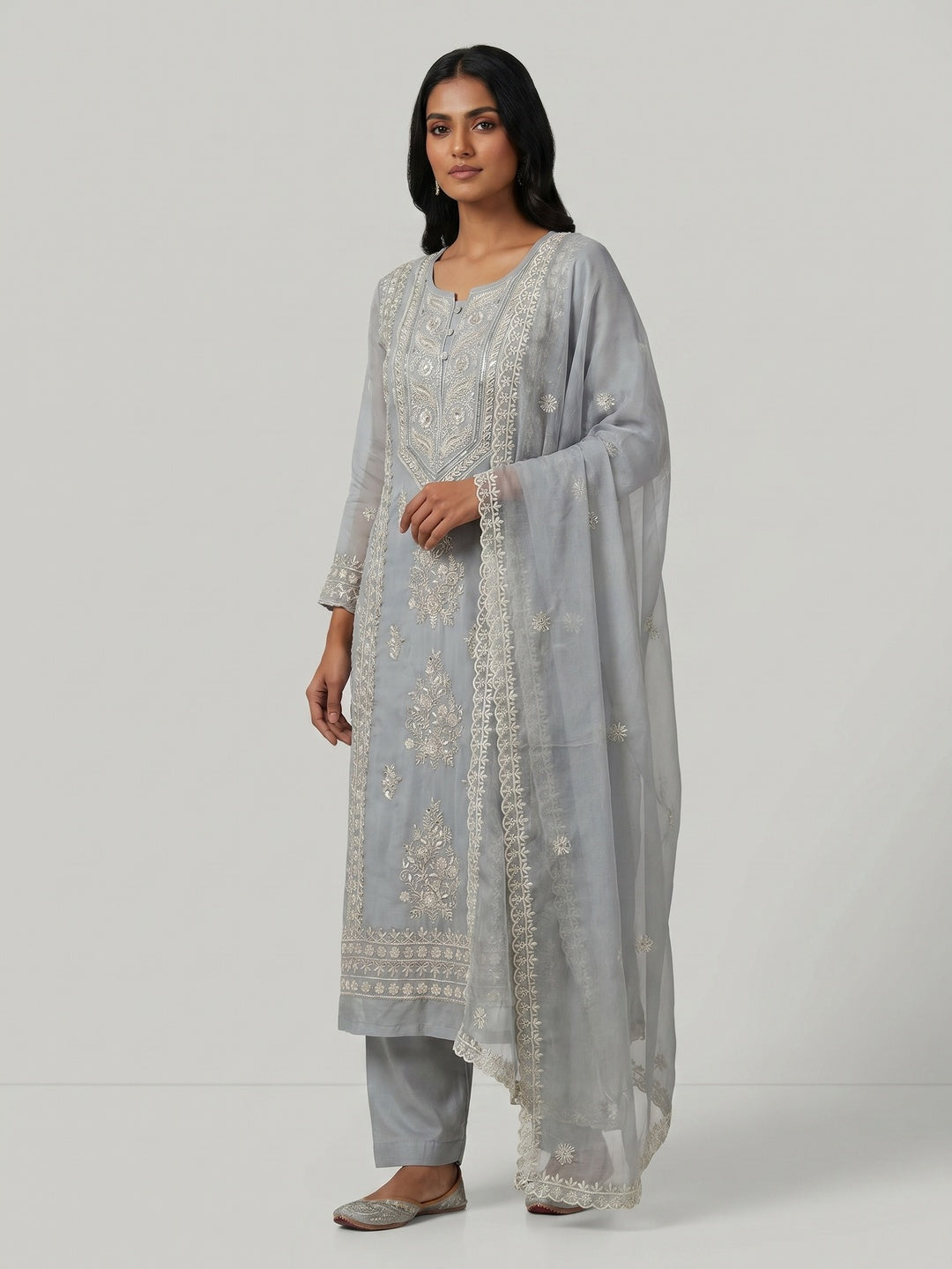 Grey Floral Sequins Embroidered Organza Dress Material - Image 1