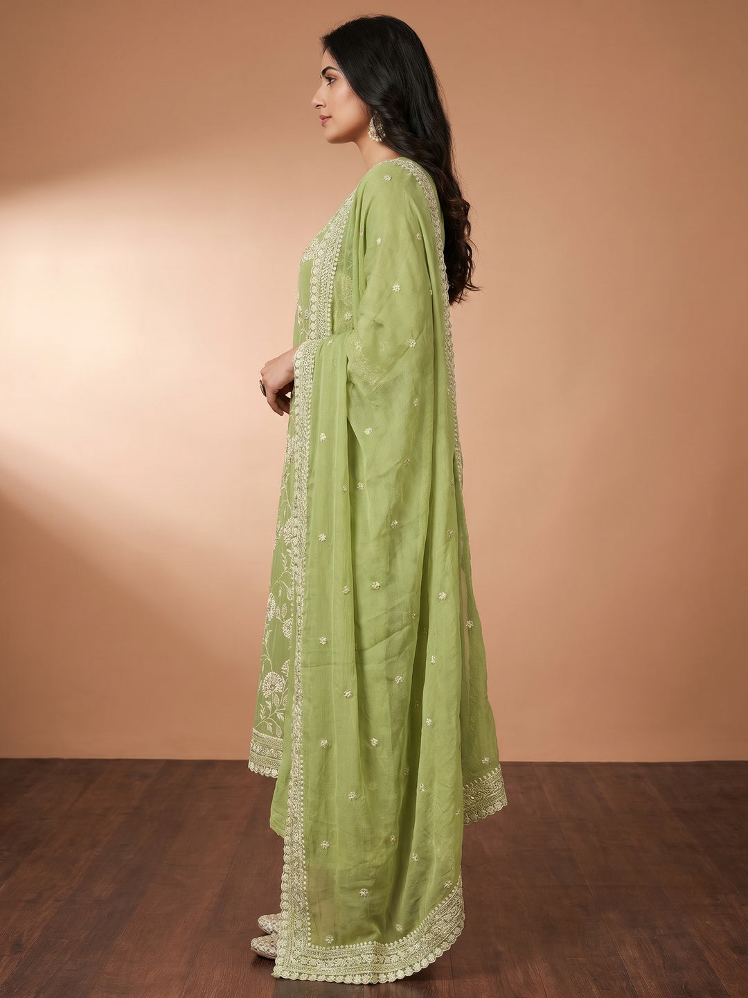 Green Floral Embroidered Chiffon Dress Material - Image 3