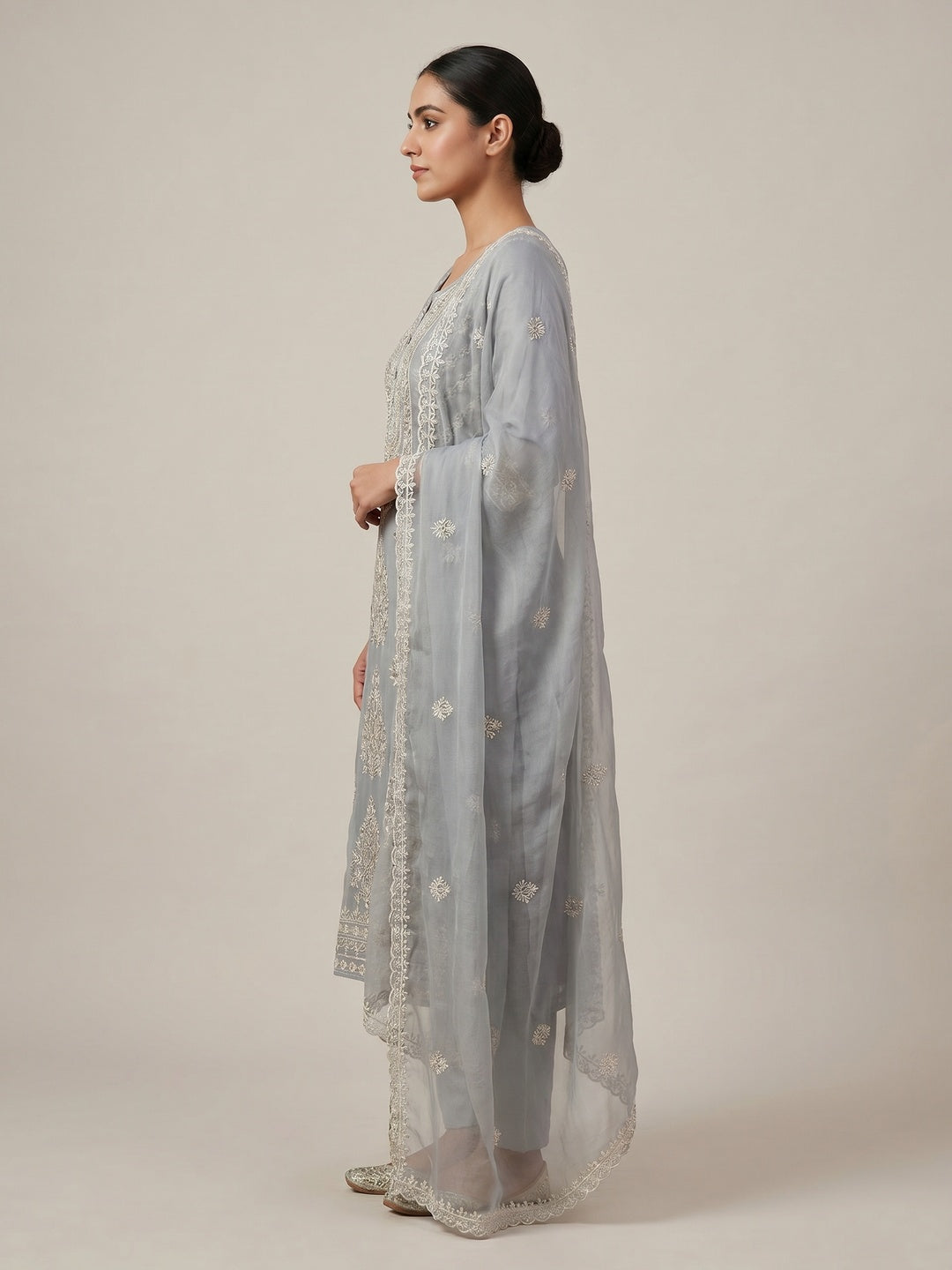 Grey Floral Sequins Embroidered Organza Dress Material - Image 2