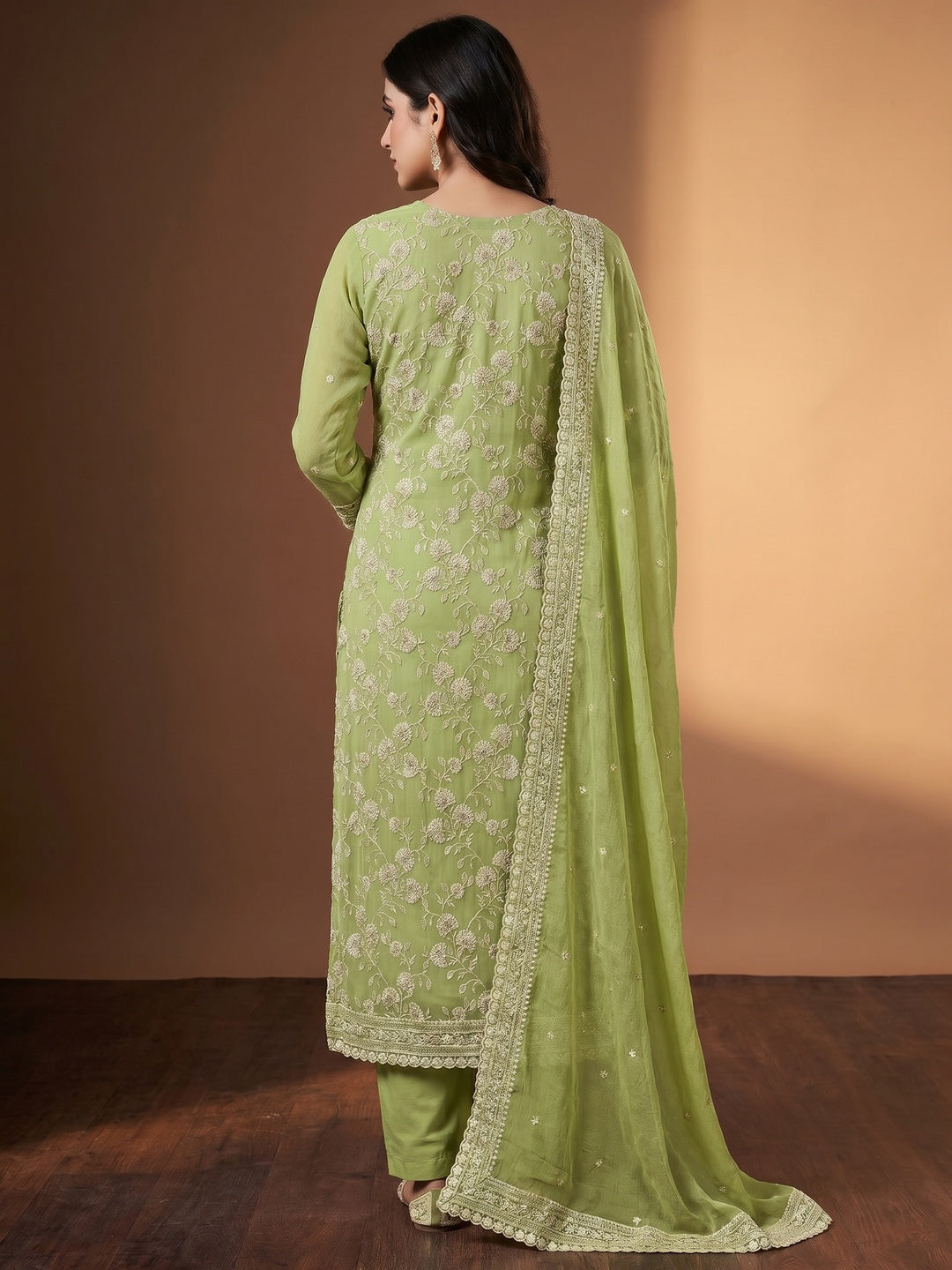 Green Floral Embroidered Chiffon Dress Material - Image 2