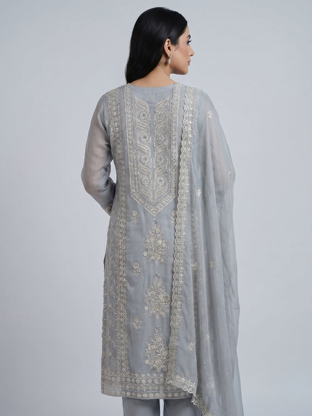 Grey Floral Sequins Embroidered Organza Dress Material - Image 3