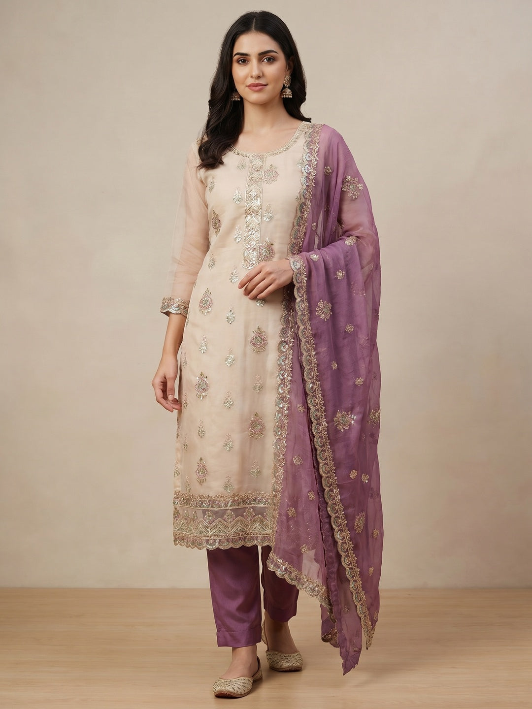 Beige & Purple Floral Sequins Embroidered Organza Dress Material - Image 1