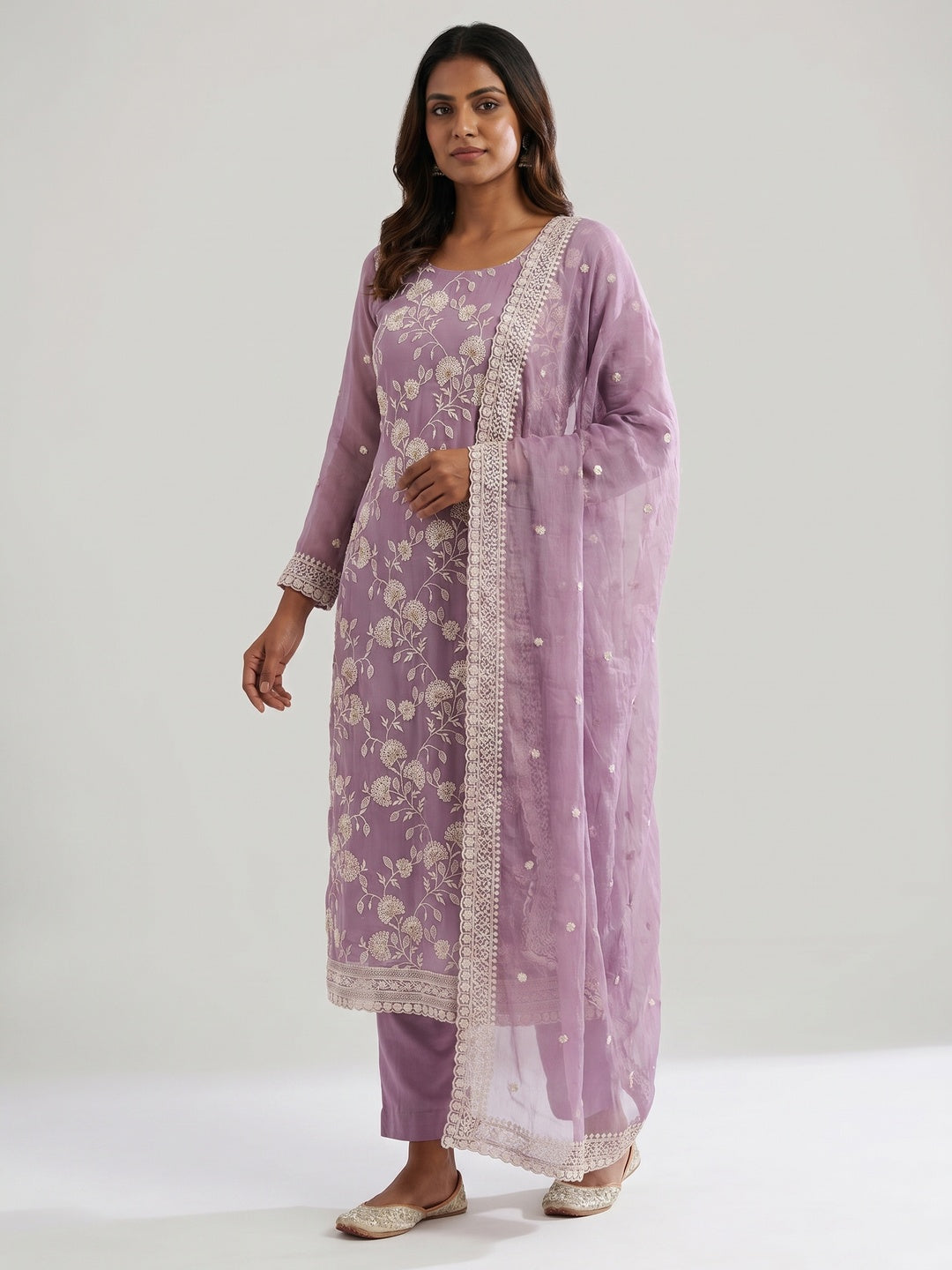 Purple Floral Embroidered Chiffon Dress Material - Image 1