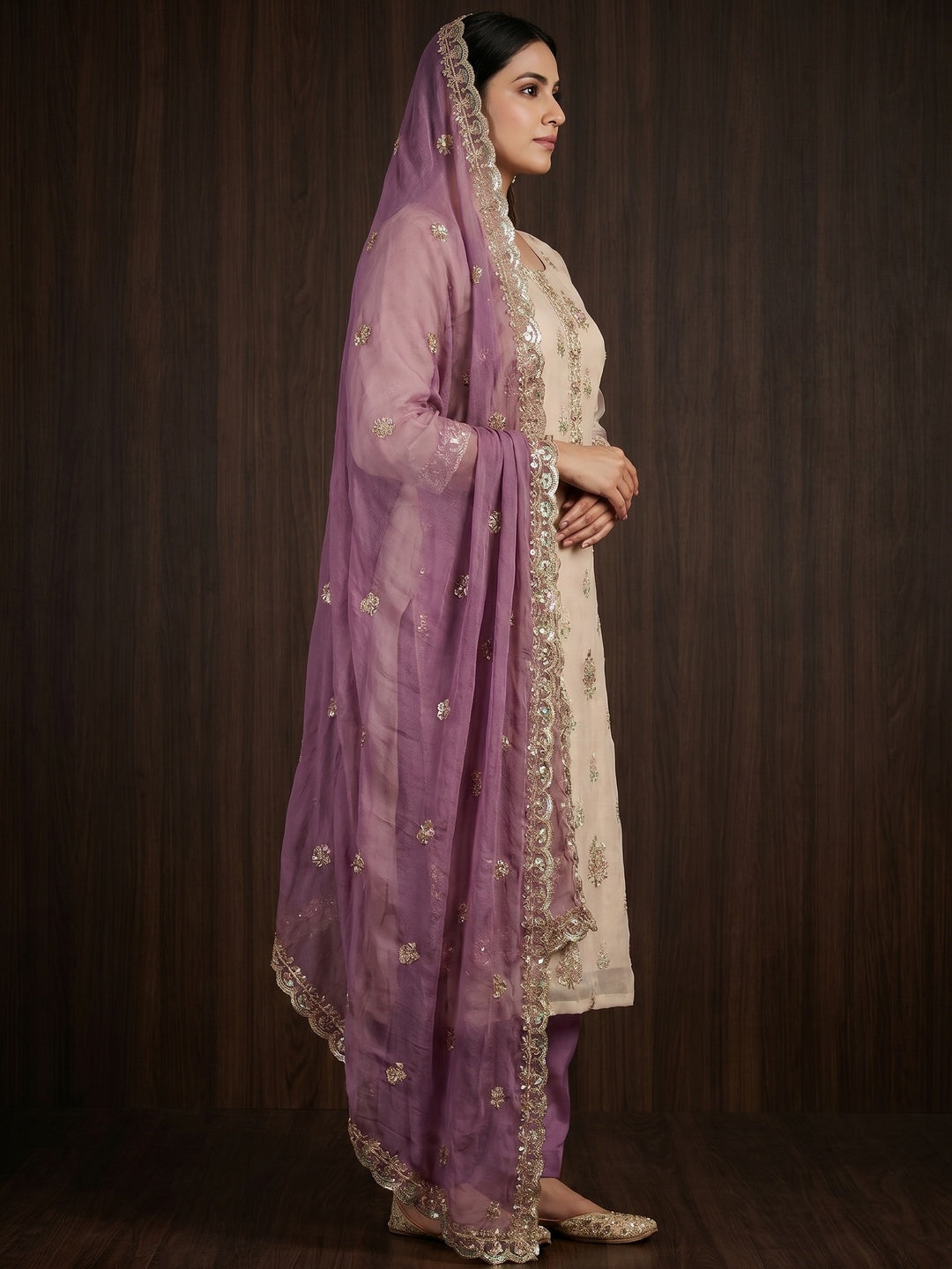 Beige & Purple Floral Sequins Embroidered Organza Dress Material - Image 3