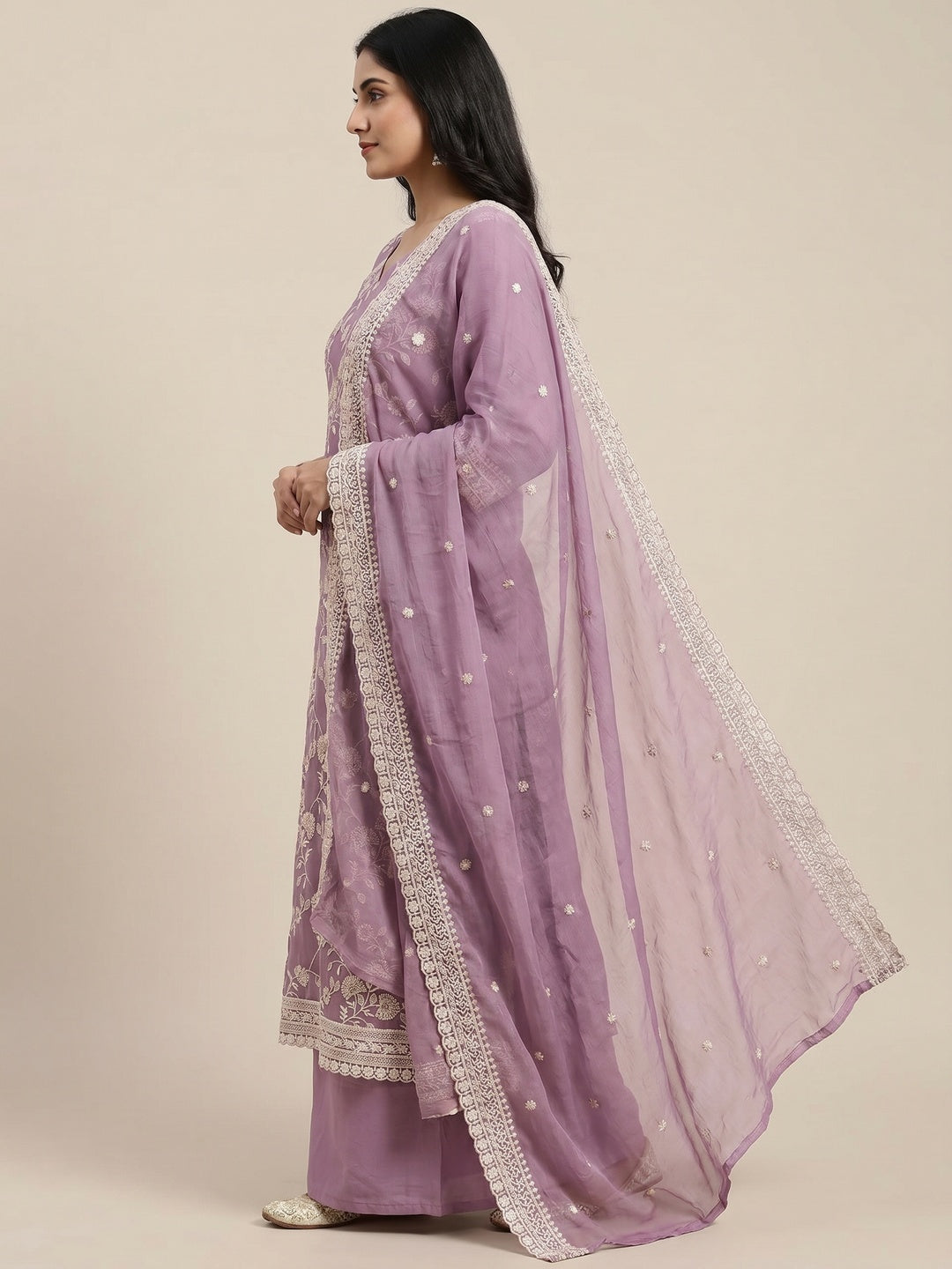 Purple Floral Embroidered Chiffon Dress Material - Image 3