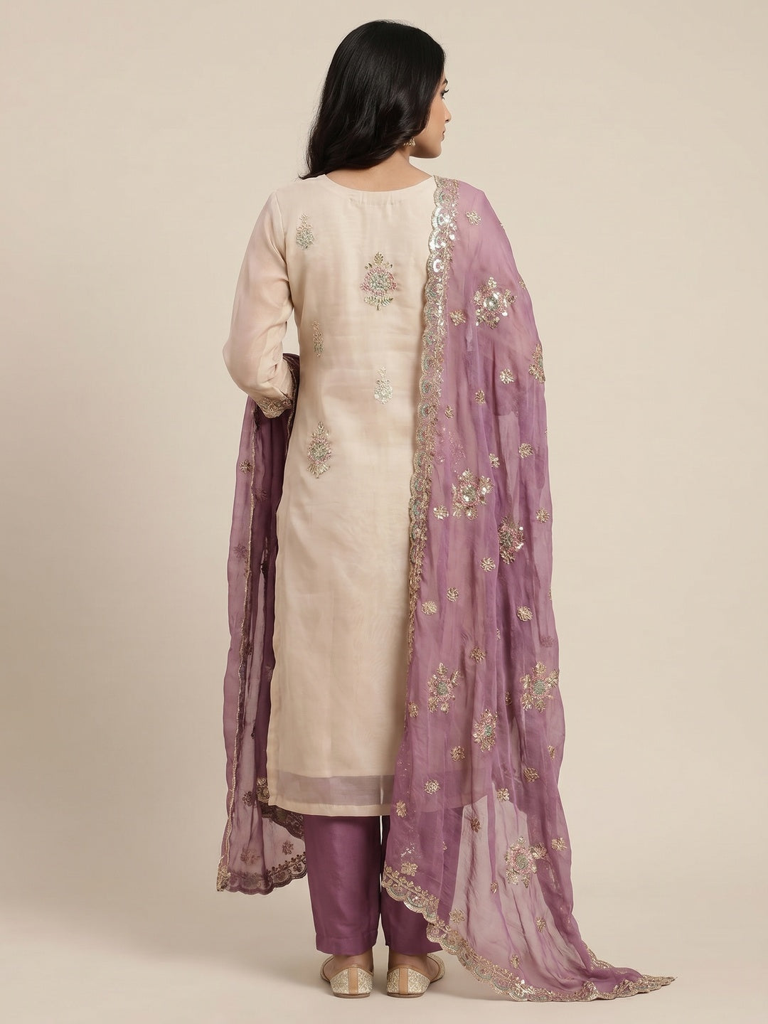 Beige & Purple Floral Sequins Embroidered Organza Dress Material - Image 2