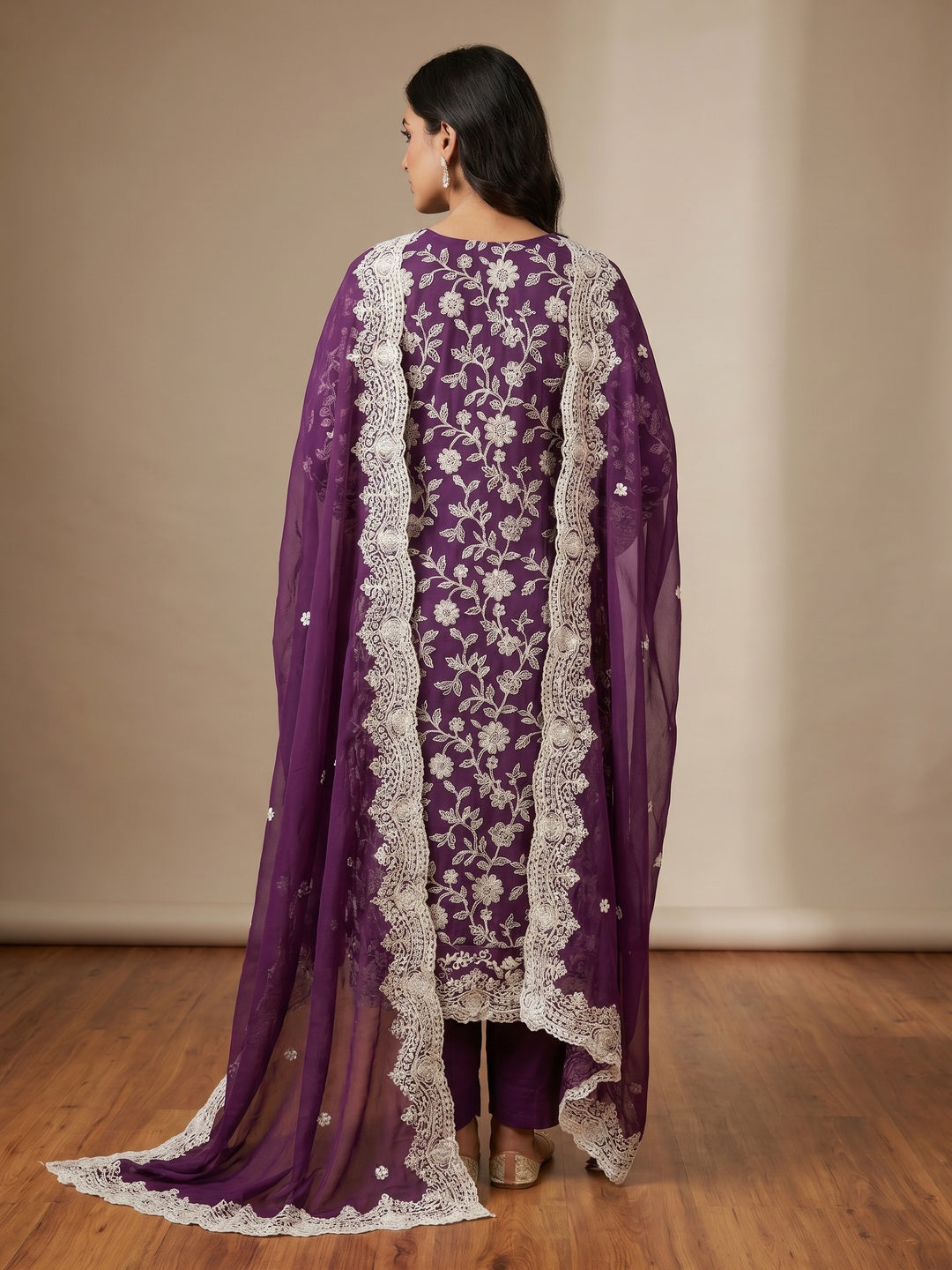 Purple Floral Embroidered Chiffon Dress Material - Image 2