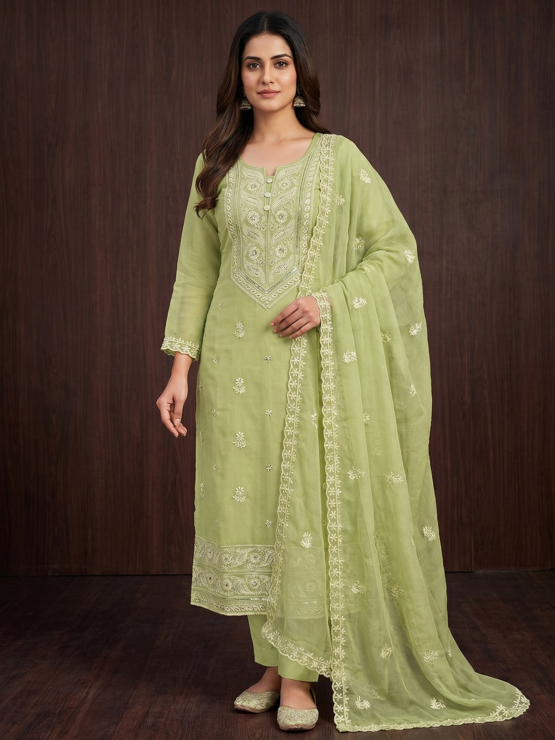 Green Floral Sequins Embroidered Organza Dress Material - Image 1
