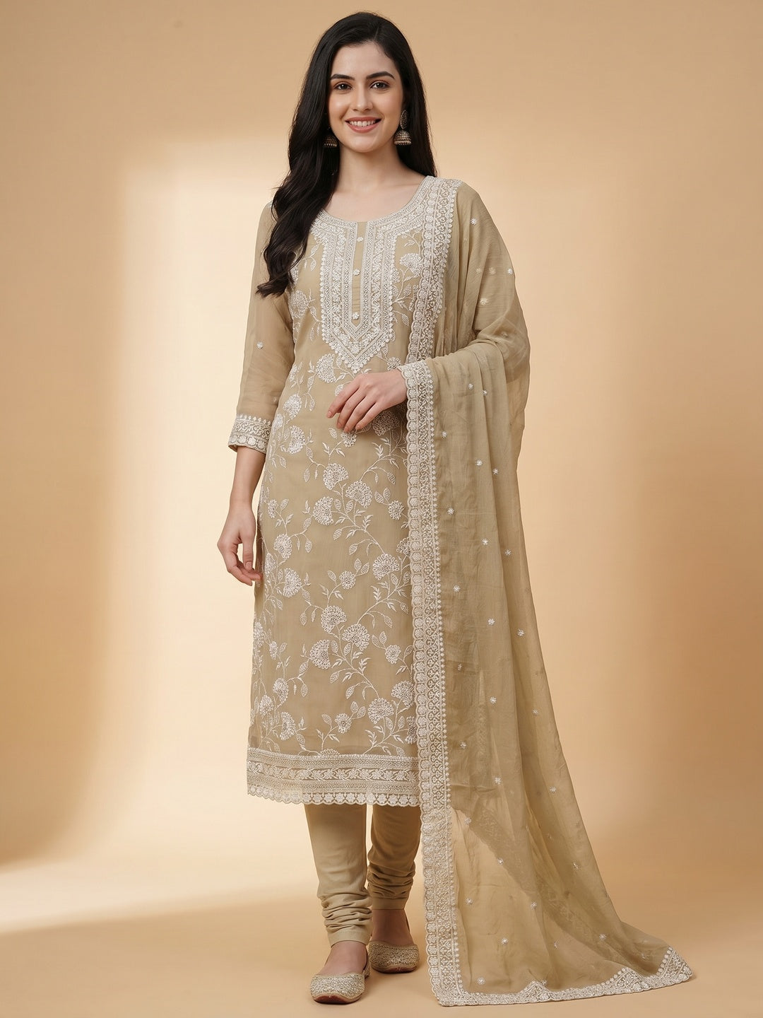 Beige Floral Embroidered Chiffon Dress Material - Image 3