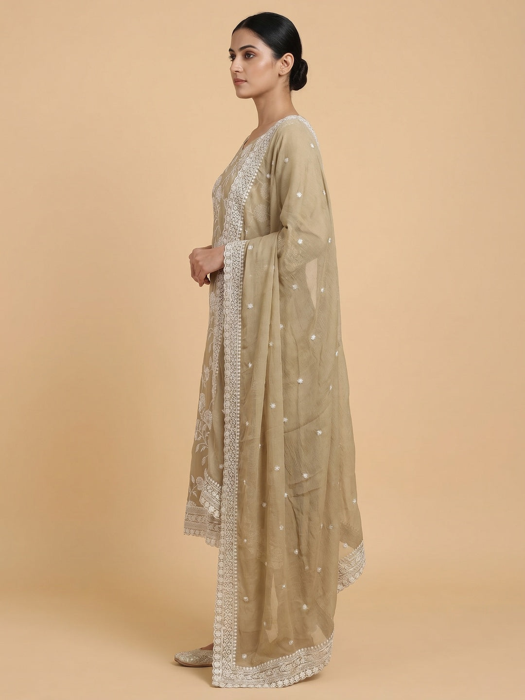 Beige Floral Embroidered Chiffon Dress Material - Image 2