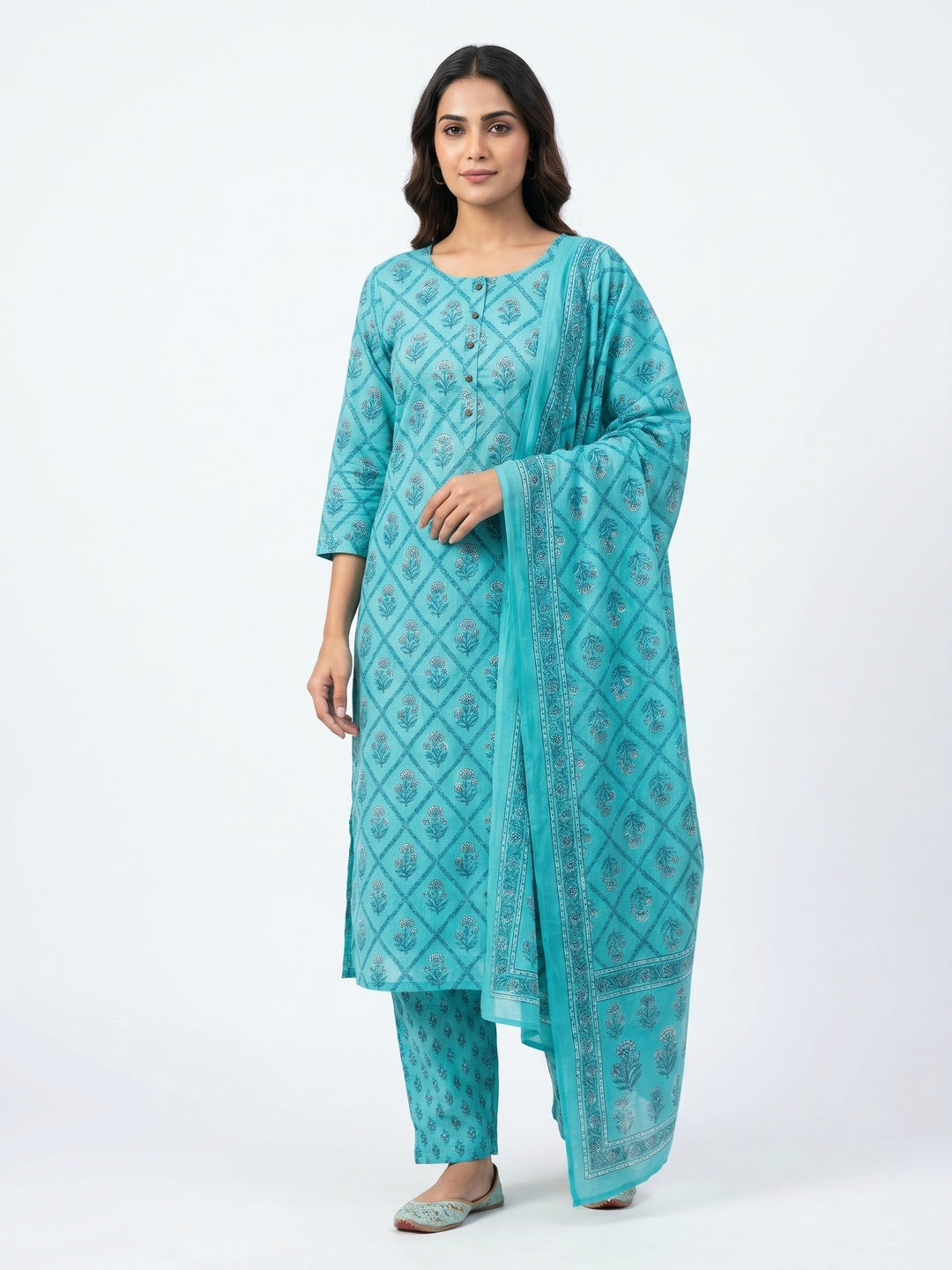 Turquoise Floral Printed Pure Cotton Dress Material - Image 1