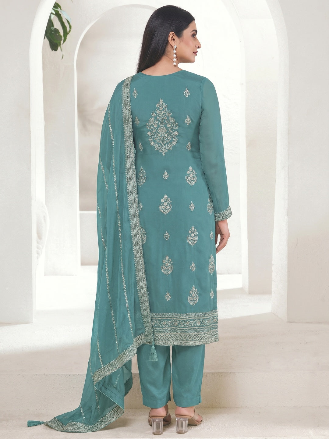 Blue Floral Embroidered Organza Semi Stitched Salwar Suit - Image 1