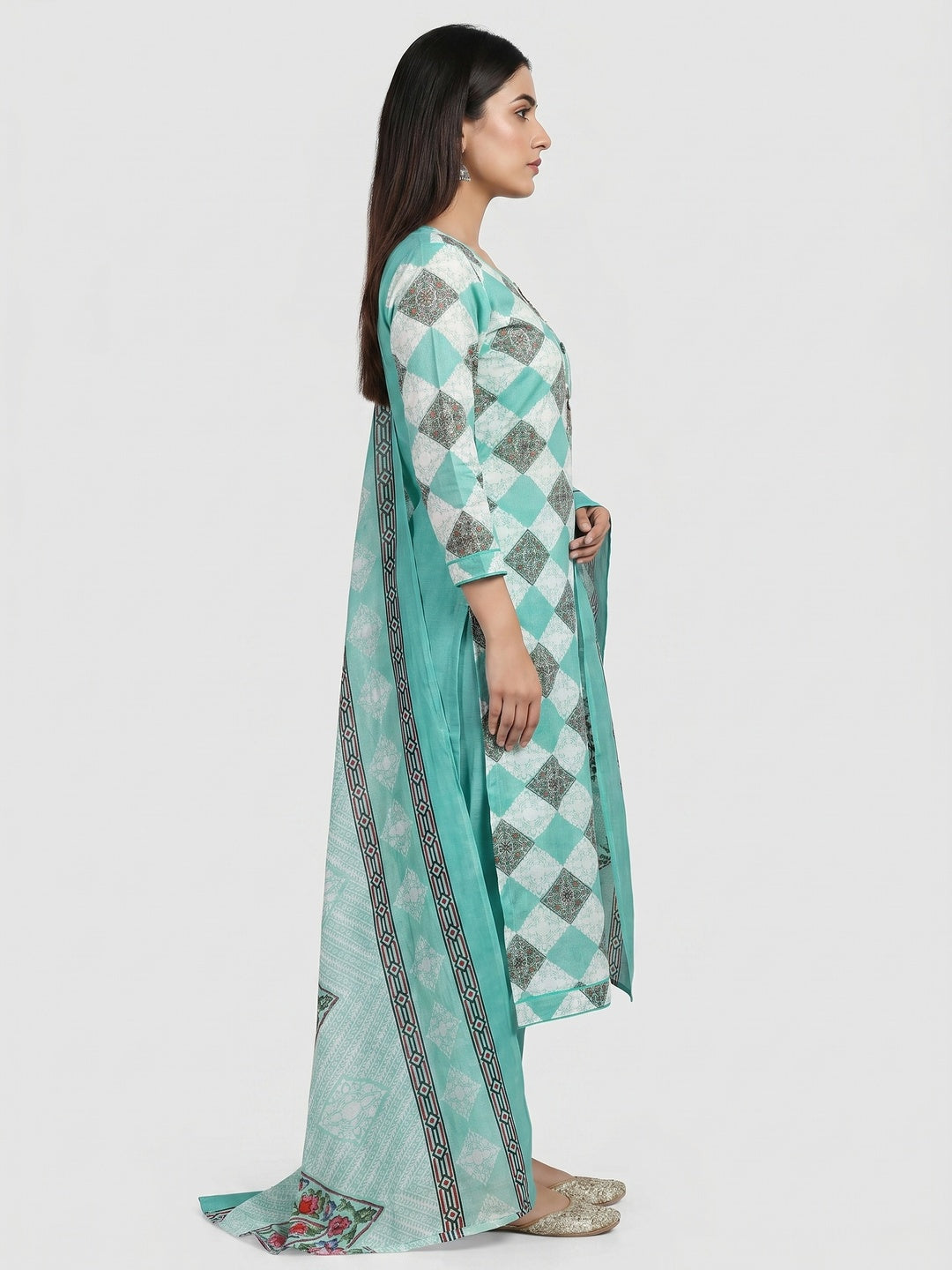 Turquoise Floral Printed Pure Cotton Dress Material - Image 2