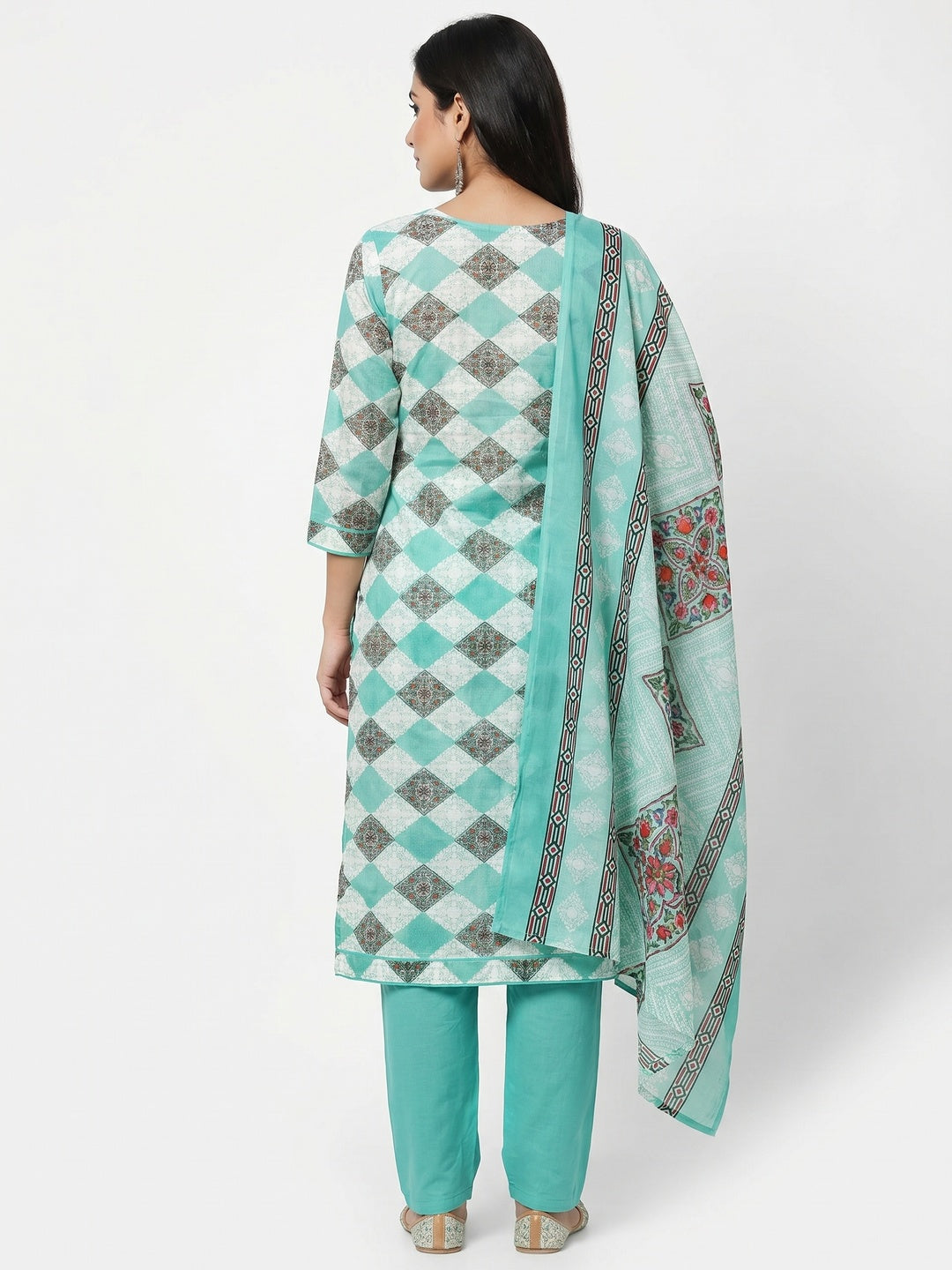 Turquoise Floral Printed Pure Cotton Dress Material - Image 3