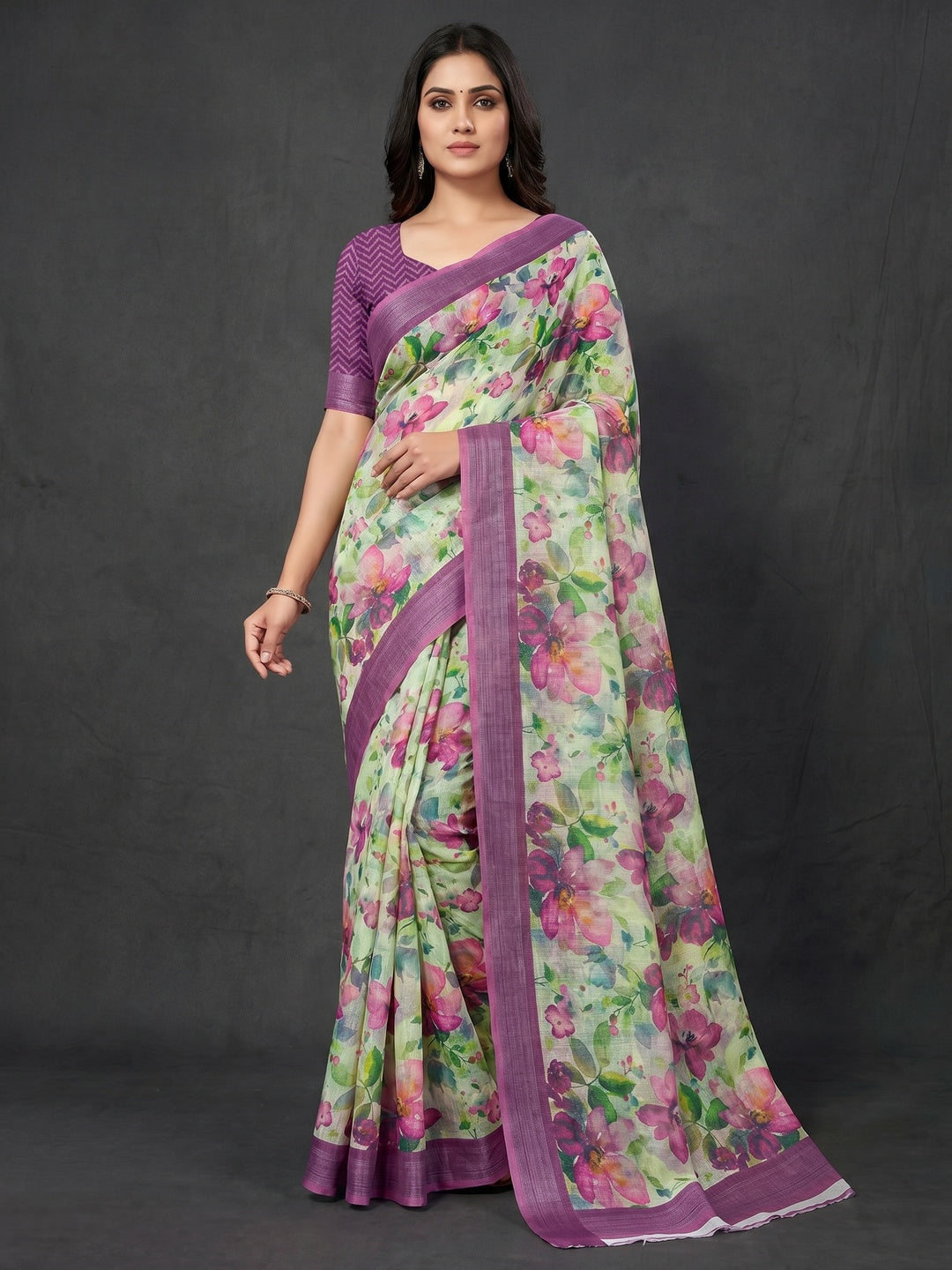 Purple Floral Digital Printed Linen Saree - Image 1