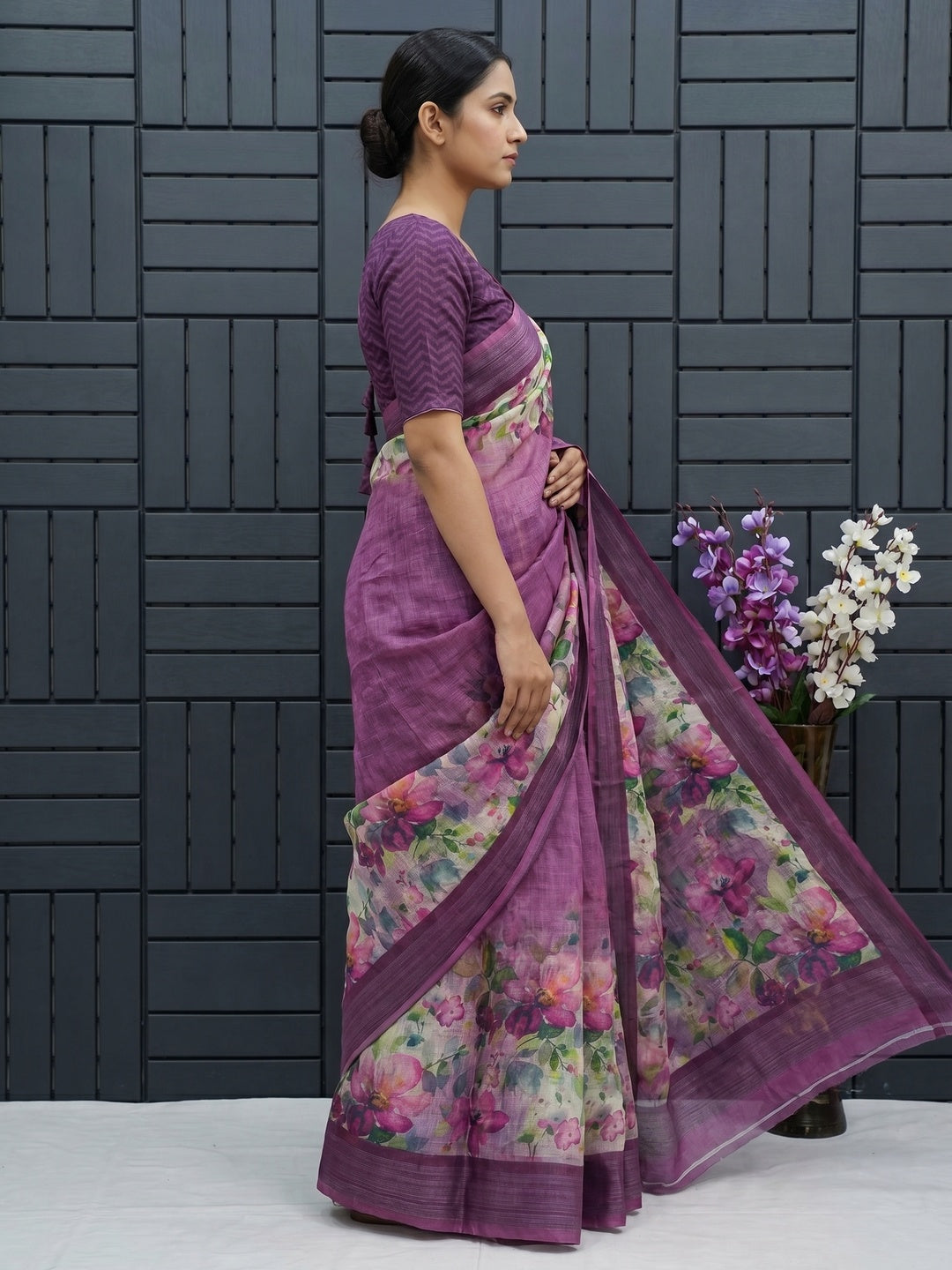 Purple Floral Digital Printed Linen Saree - Image 2