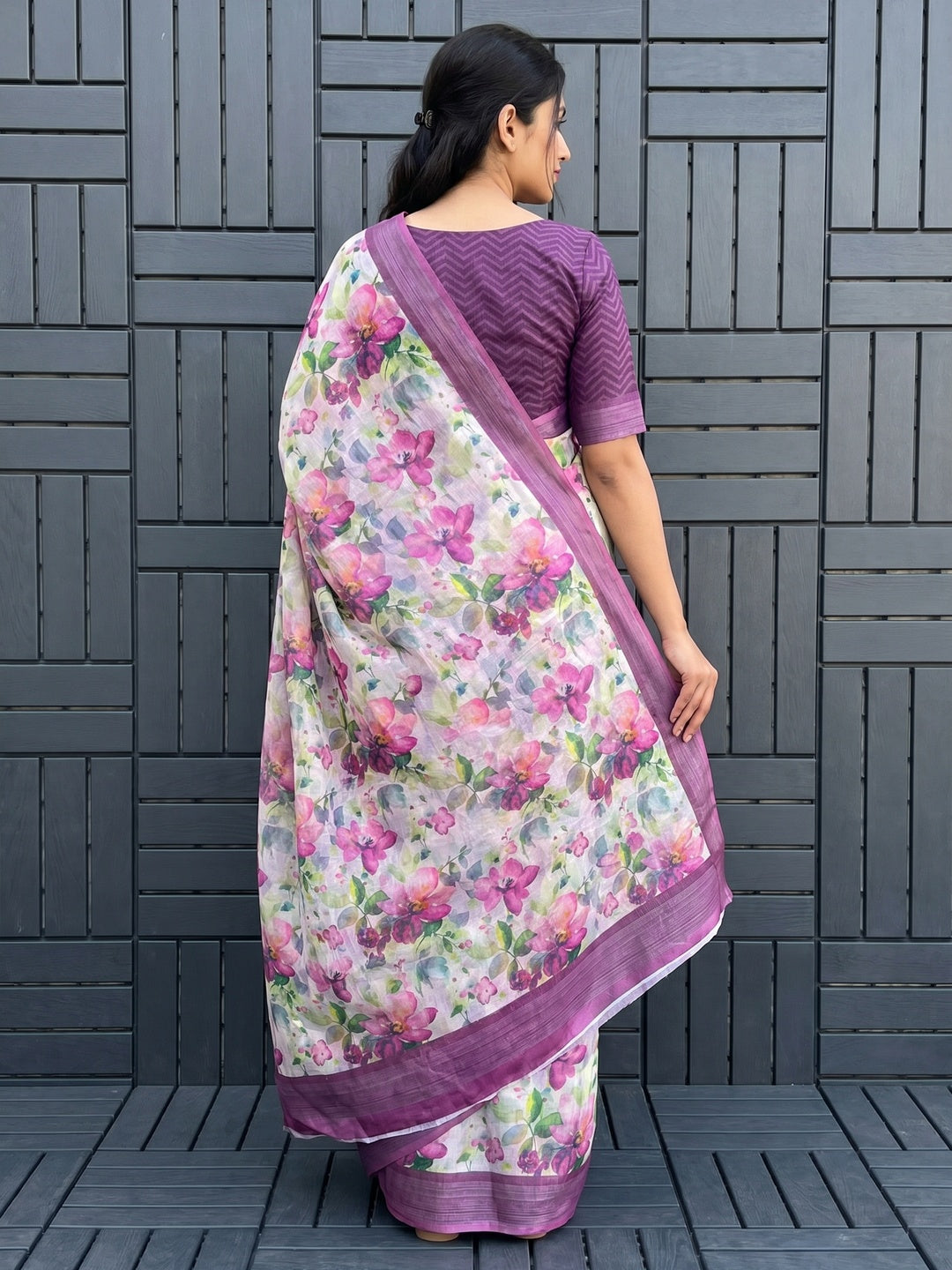 Purple Floral Digital Printed Linen Saree - Image 3