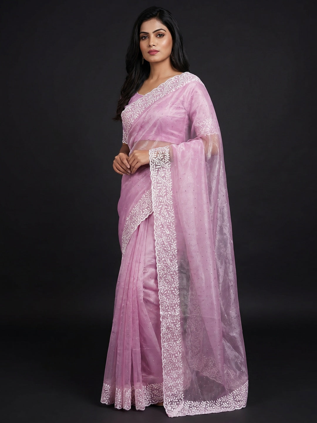 Pink Embroidered Net Saree - Image 1