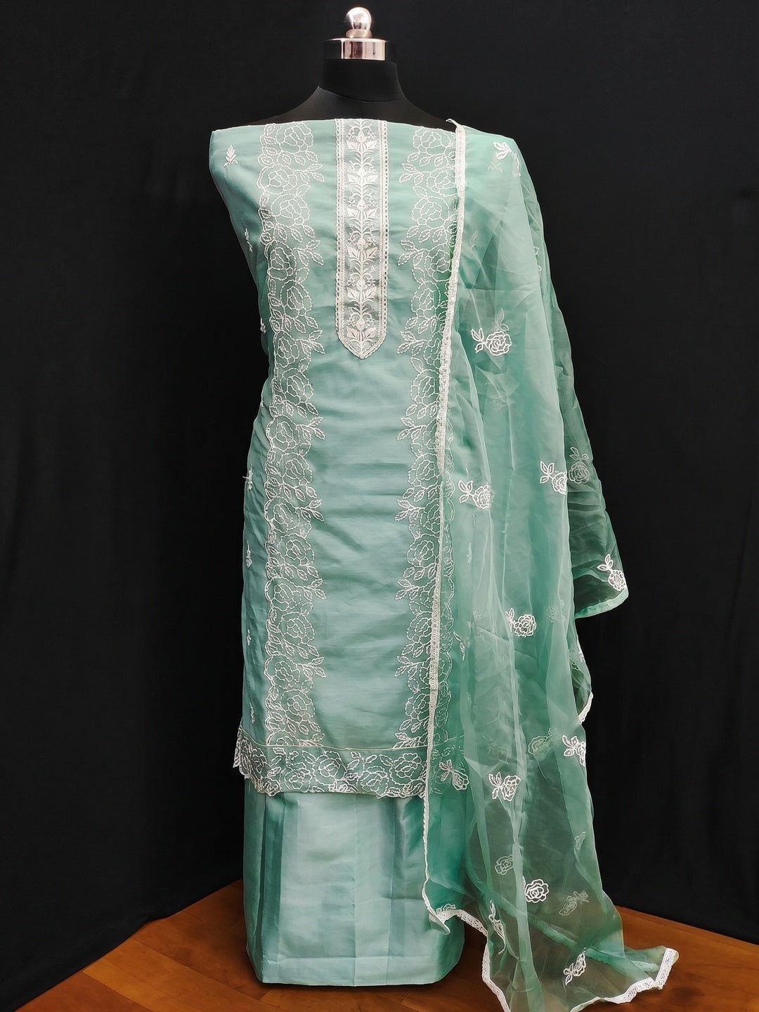 Sea Green Floral Embroidered Chanderi Dress Material - Image 1