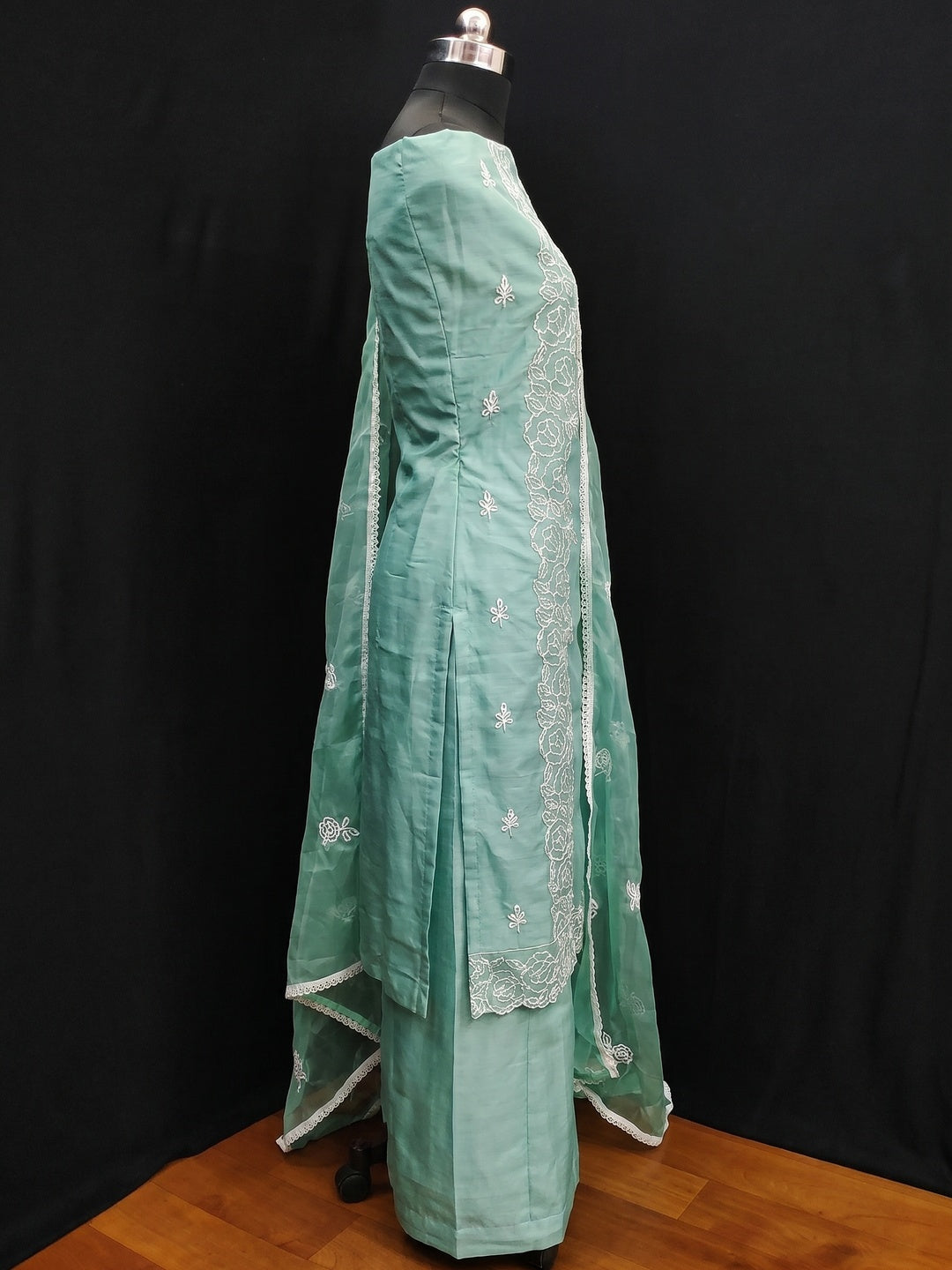 Sea Green Floral Embroidered Chanderi Dress Material - Image 3