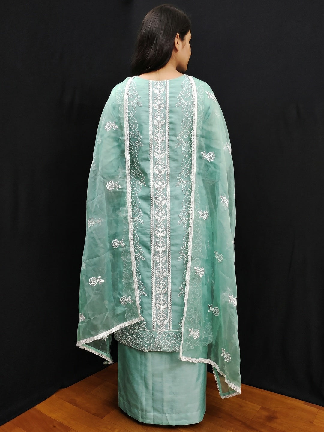 Sea Green Floral Embroidered Chanderi Dress Material - Image 2