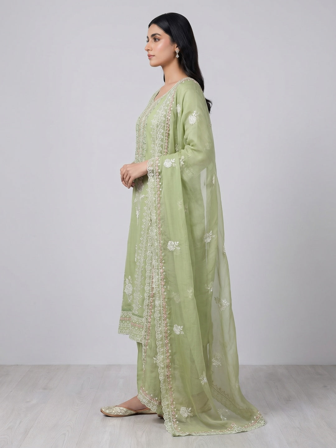Green Floral Embroidered Organza Dress Material - Image 3