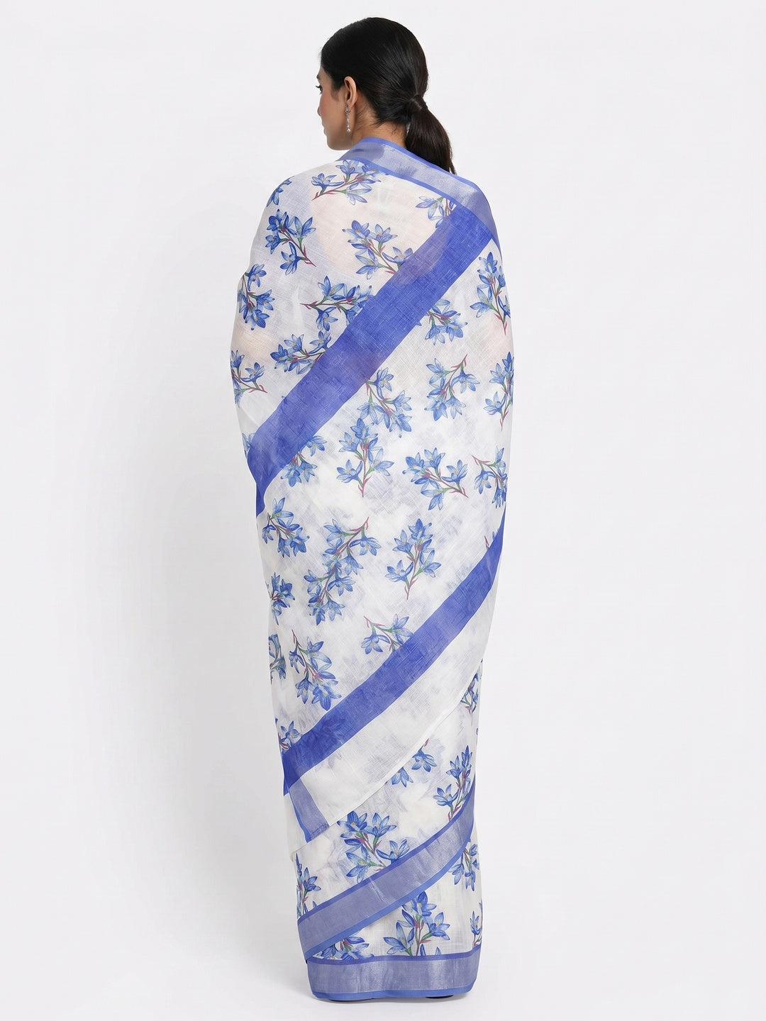 White & Blue Floral Digital Printed Linen Saree - Image 2
