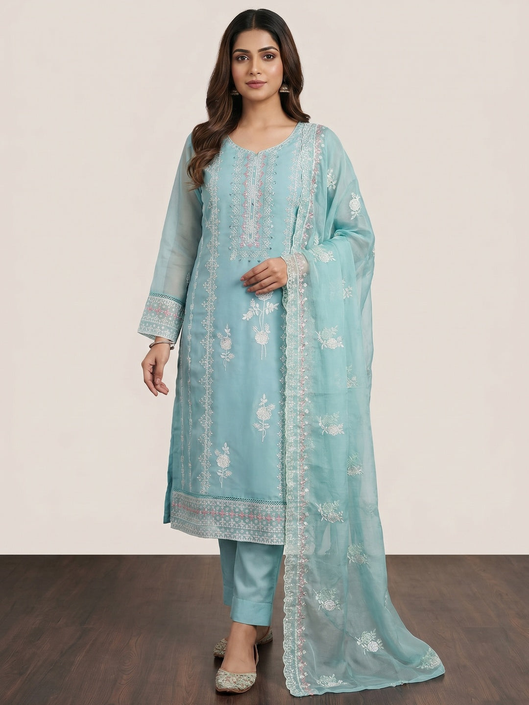 Blue Floral Embroidered Organza Dress Material - Image 1