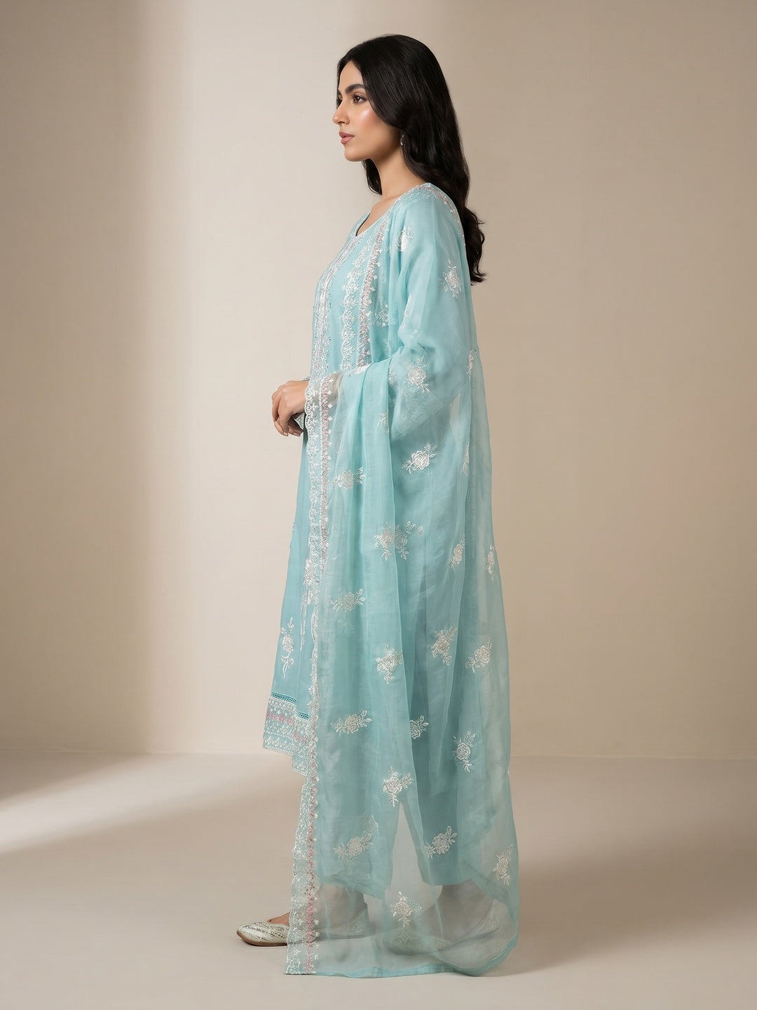 Blue Floral Embroidered Organza Dress Material - Image 3