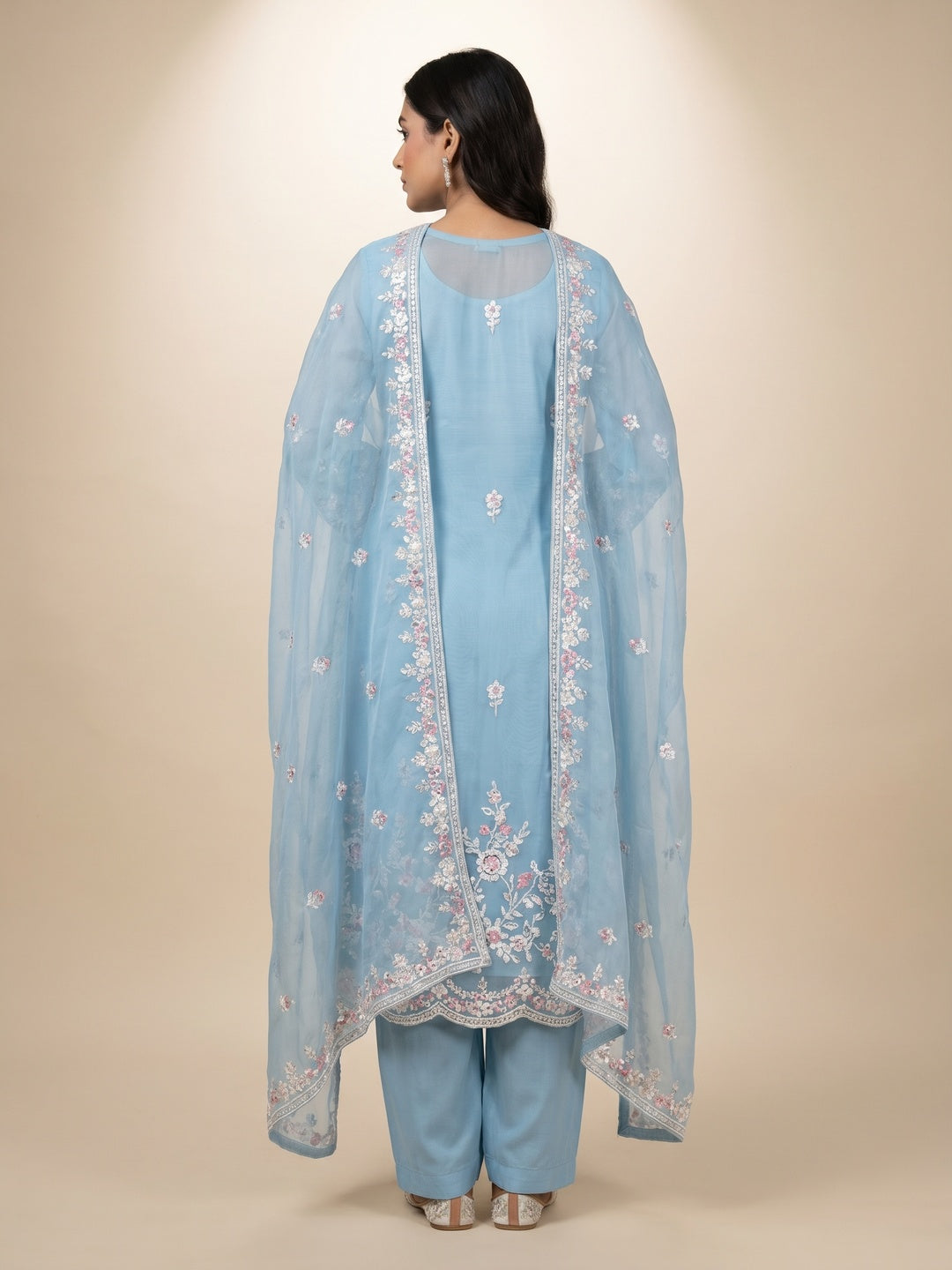 Blue Floral Embroidered Organza Dress Material - Image 2