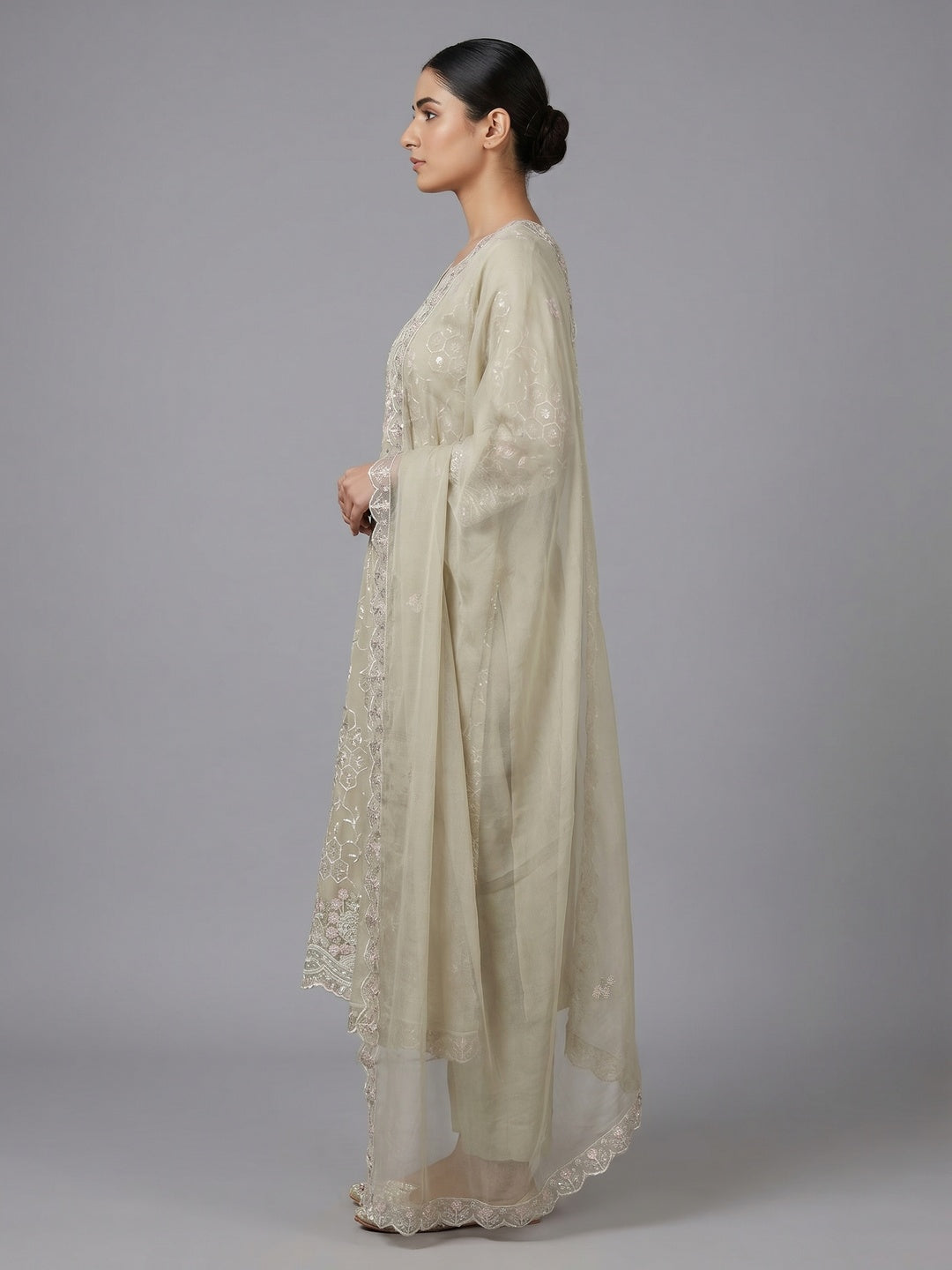 Pale Yellow Floral Sequins Embroidered Organza Dress Material - Image 3