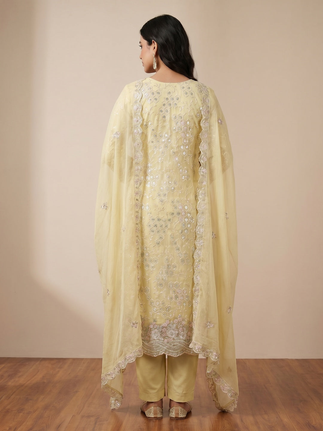 Pale Yellow Floral Sequins Embroidered Organza Dress Material - Image 2