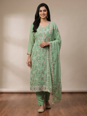 Elegant Green Georgette Embroidered Unstitched Dress Material Set - Image 1