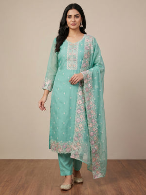 Turquoise Floral Embroidered Organza Dress Material - Image 1