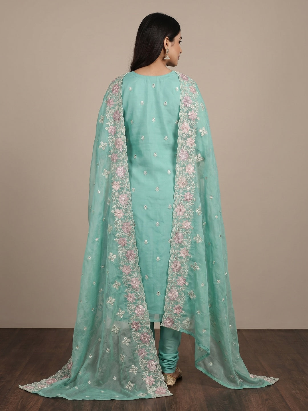 Turquoise Floral Embroidered Organza Dress Material - Image 2
