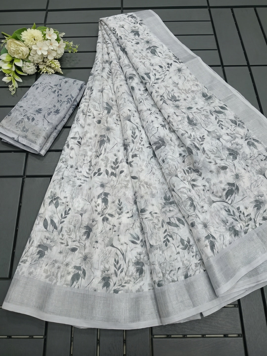 Light Grey Floral Digital Printed Linen Saree - Image 2