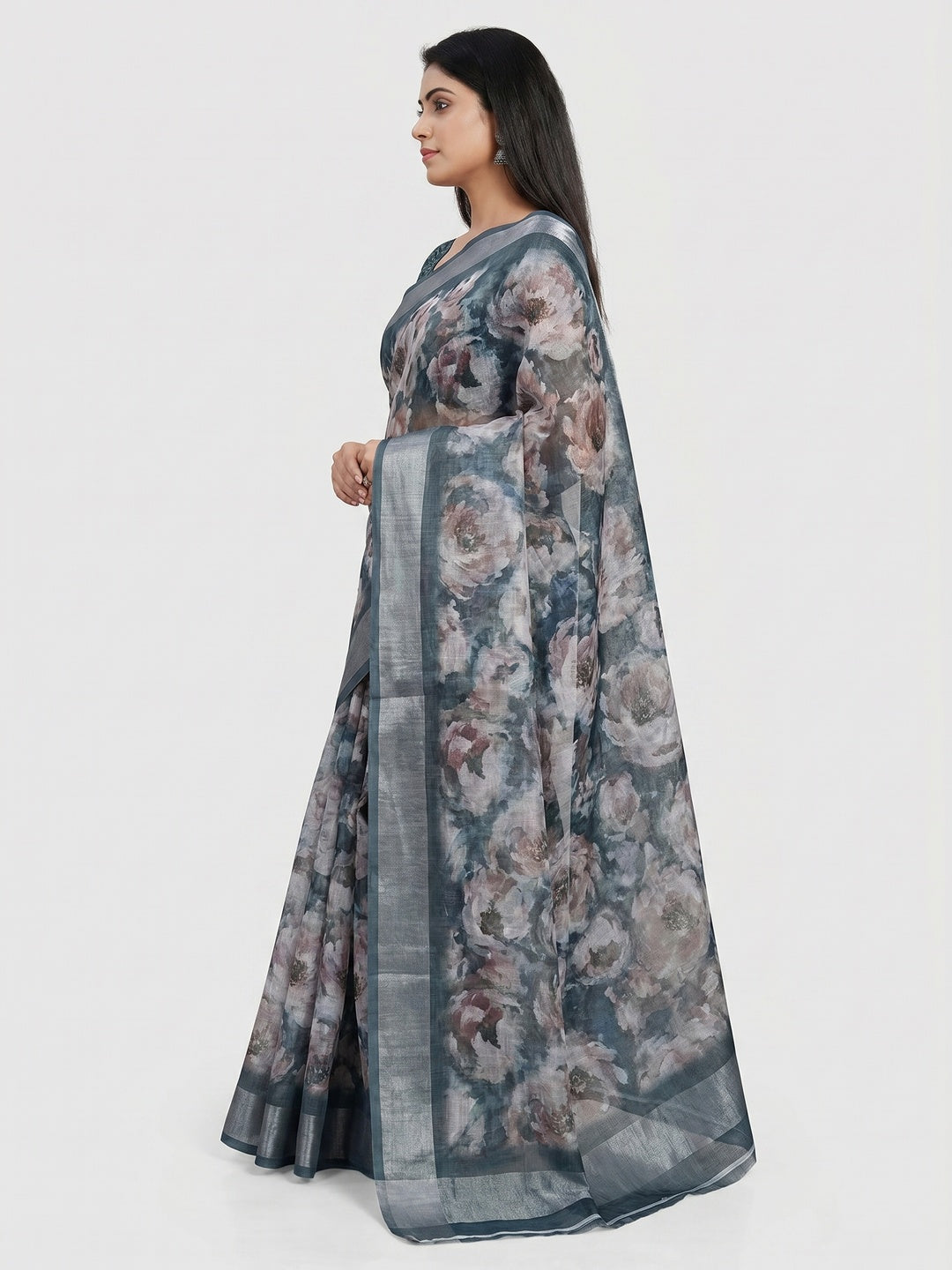 Grey Floral Digital Printed Linen Saree - Image 2