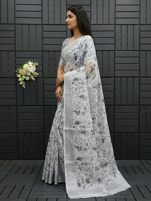 Light Grey Floral Digital Printed Linen Saree - Image 1